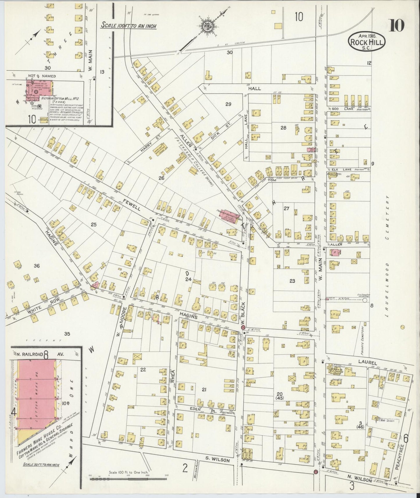 Sanborn Fire Insurance Map from Rock Hill, York County, South Carolina (1916), Sheet #0010 - Historic Sanborn Fire Insurance Map Print, vintage old map wall art, antique decor, genealogy gift, South Carolina South Carolina map