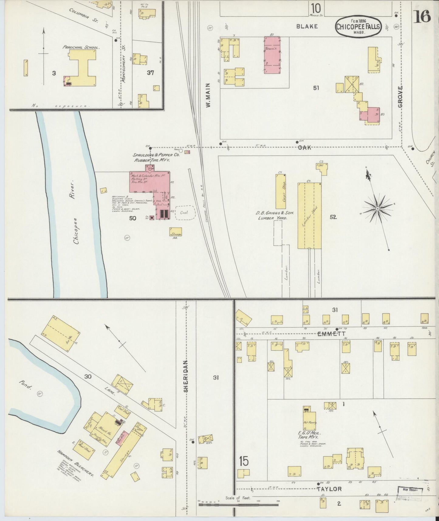 Sanborn Fire Insurance Map from Chicopee, Hampden County, Massachusetts (1896), Sheet #0016 - Historic Sanborn Fire Insurance Map Print, vintage old map wall art, antique decor, genealogy gift, Massachusetts Massachusetts map