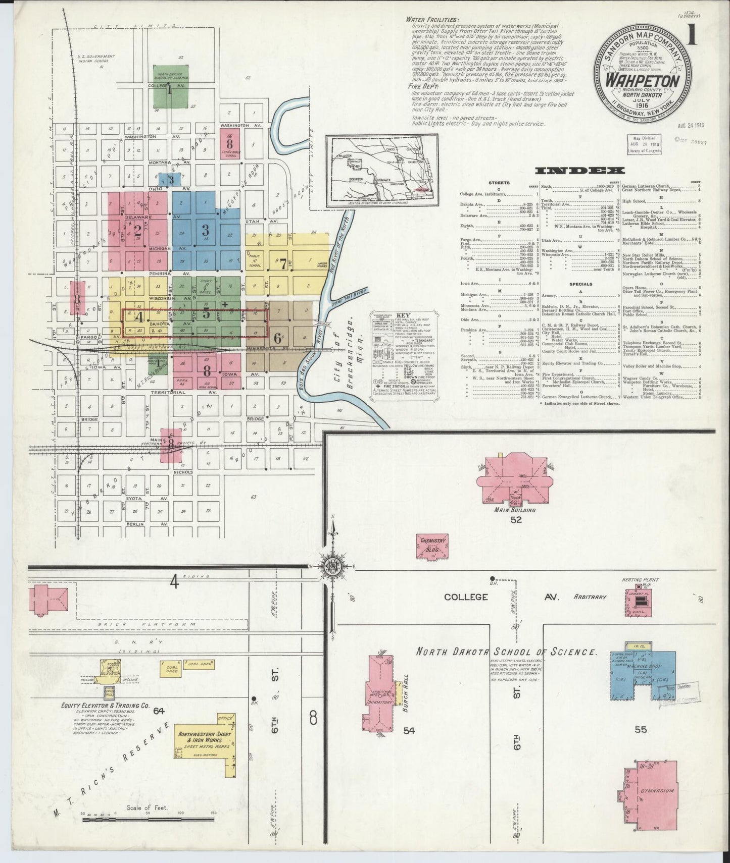 Sanborn Fire Insurance Map from Wahpeton, Richland County, North Dakota (1916), Sheet #0001 - Historic Sanborn Fire Insurance Map Print, vintage old map wall art, antique decor, genealogy gift, North Dakota North Dakota map