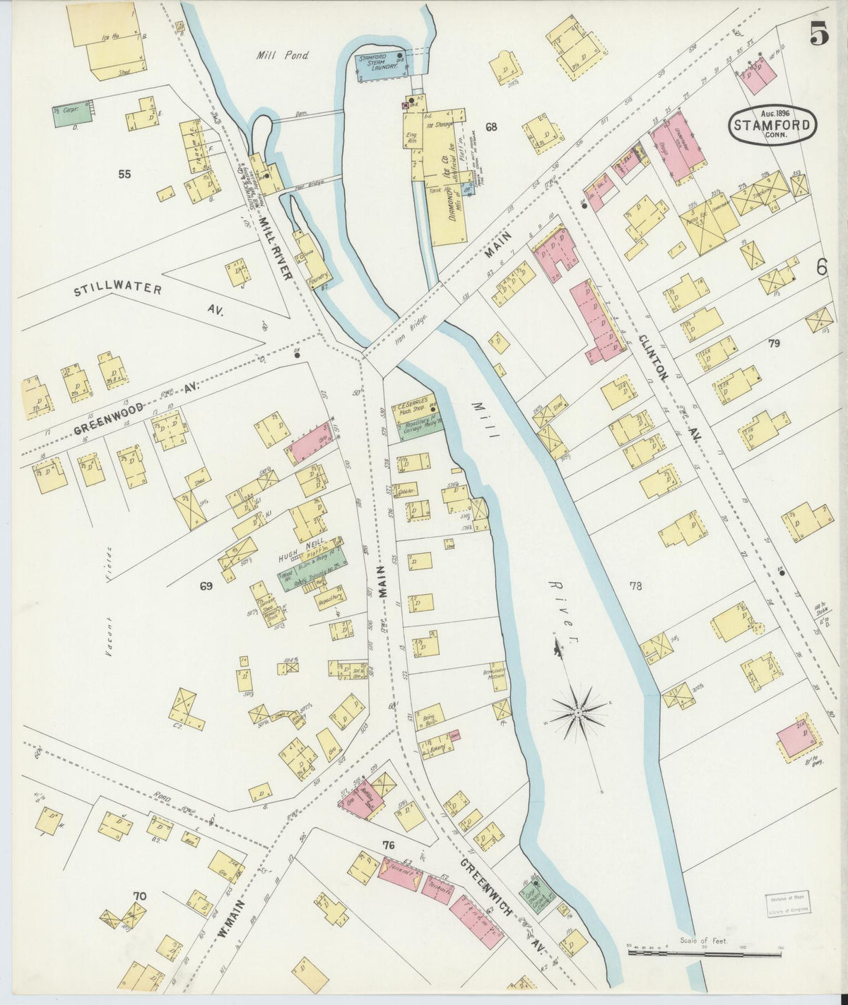 Sanborn Fire Insurance Map from Stamford, Fairfield County, Connecticut (1896), Sheet #0005 - Historic Sanborn Fire Insurance Map Print, vintage old map wall art, antique decor, genealogy gift, Connecticut Connecticut map