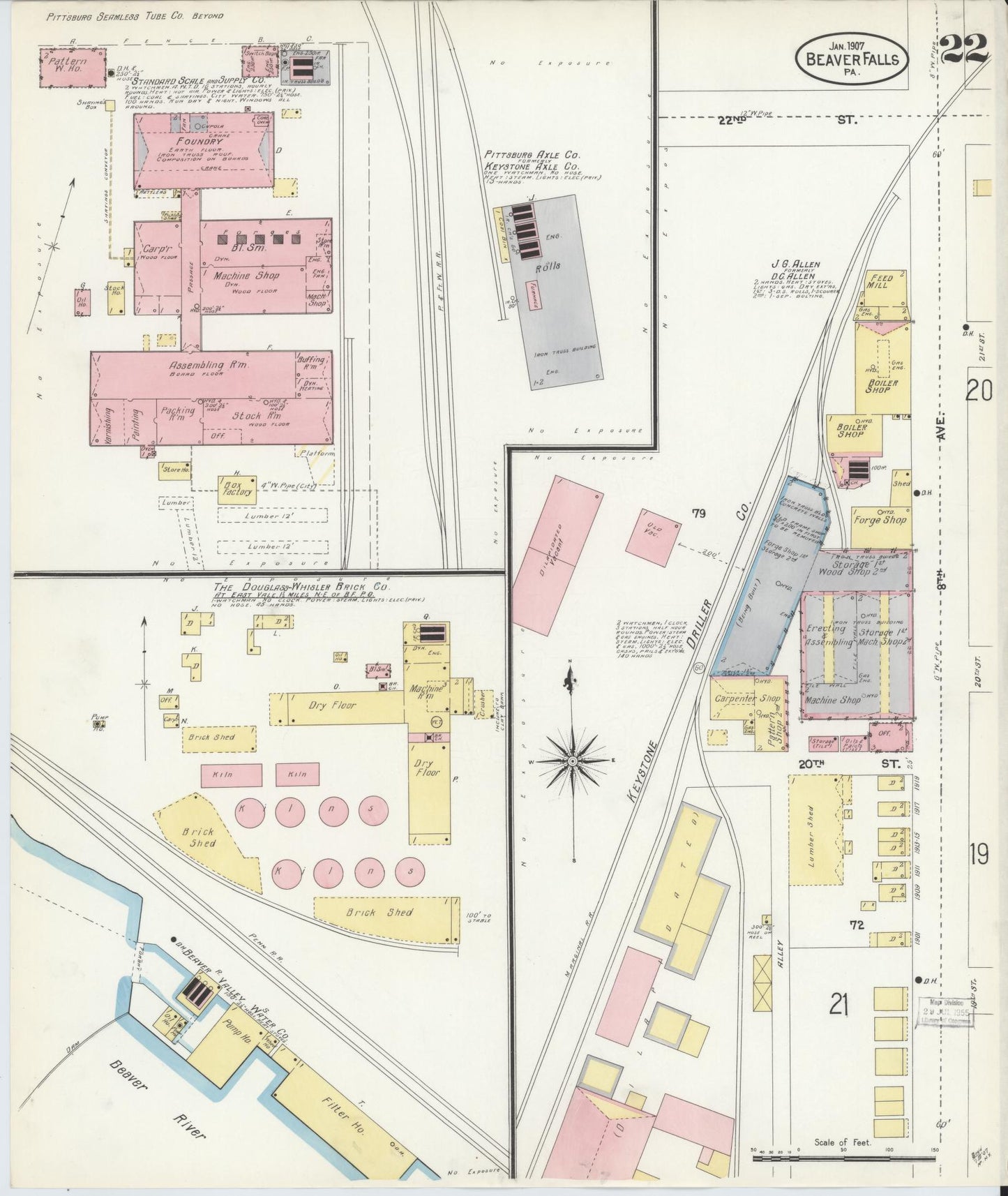 Sanborn Fire Insurance Map from Beaver Falls, Beaver County, Pennsylvania (1907), Sheet #0022 - Historic Sanborn Fire Insurance Map Print, vintage old map wall art, antique decor, genealogy gift, Pennsylvania Pennsylvania map