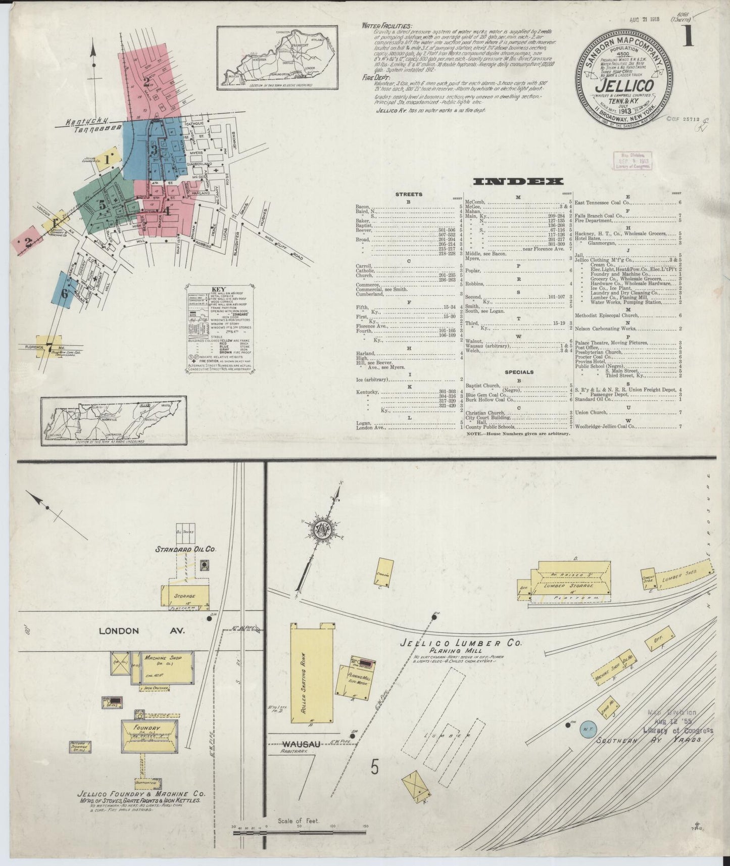 Sanborn Fire Insurance Map from Jellico, Whitley County, Ky., and Campbell County, Tenna, Kentucky (1913), Sheet #0001 - Historic Sanborn Fire Insurance Map Print, vintage old map wall art, antique decor, genealogy gift, Kentucky Kentucky map
