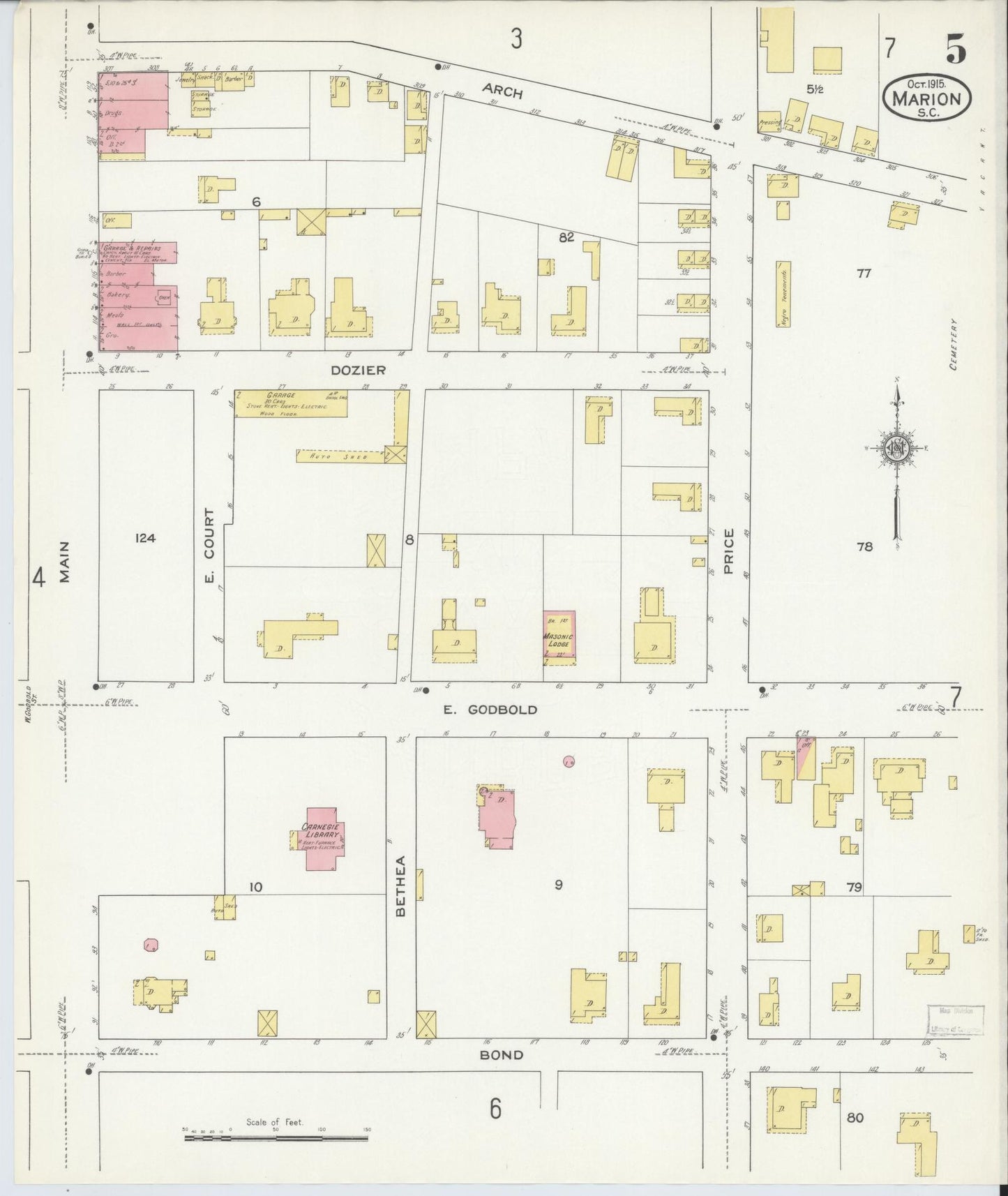 Sanborn Fire Insurance Map from Marion, Marion County, South Carolina (1915), Sheet #0005 - Historic Sanborn Fire Insurance Map Print, vintage old map wall art, antique decor, genealogy gift, South Carolina South Carolina map