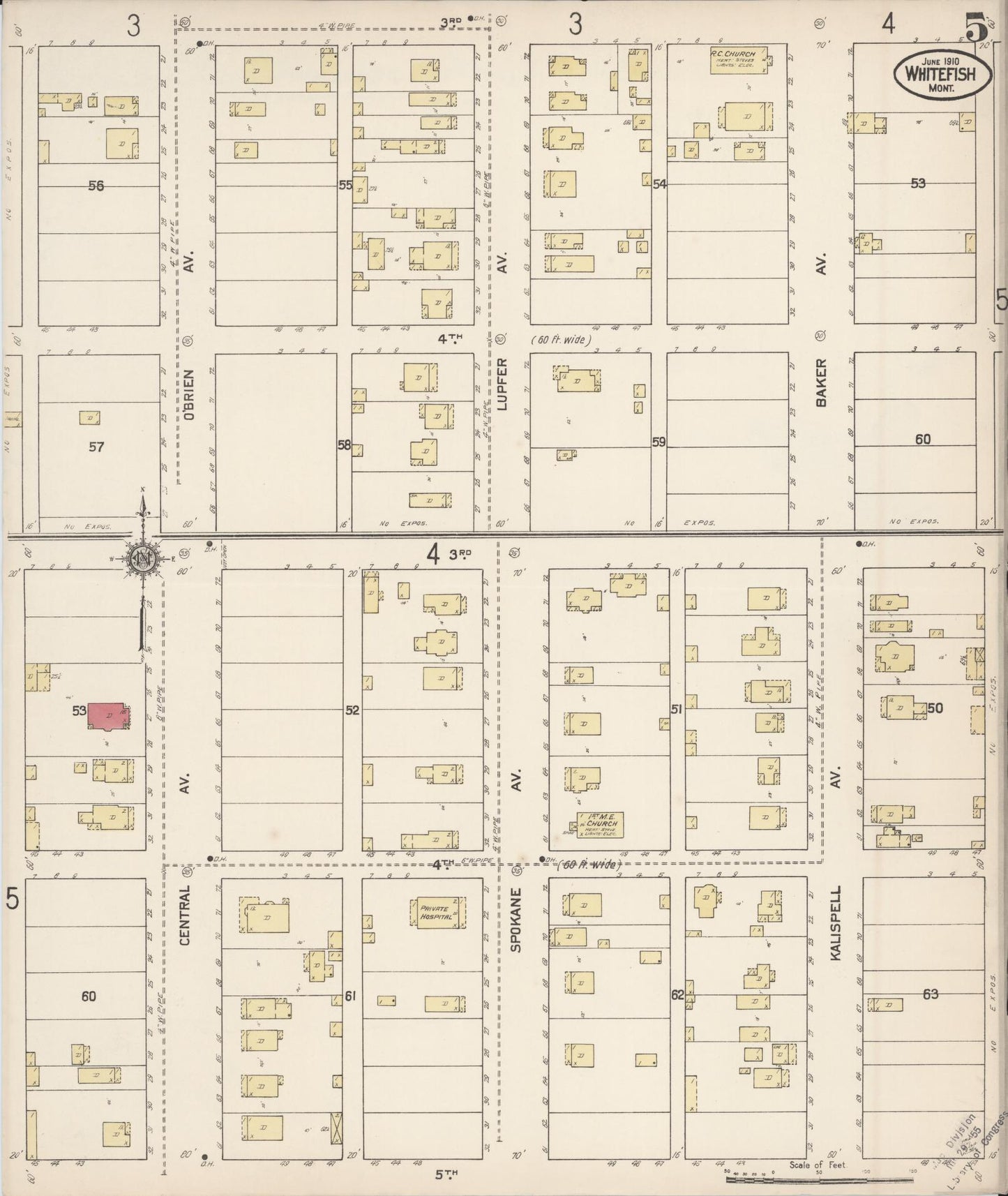Sanborn Fire Insurance Map from Whitefish, Flathead County, Montana (1910), Sheet #0005 - Complete Map Set gallery image, historic Sanborn map, vintage wall art, Montana Montana