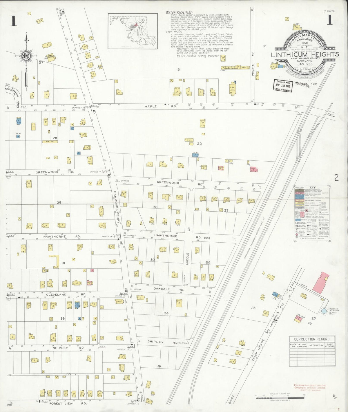 Sanborn Fire Insurance Map from Linthicum Heights, Anne Arundel County, Maryland (1933), Sheet #0001 - Historic Sanborn Fire Insurance Map Print, vintage old map wall art, antique decor, genealogy gift, Maryland Maryland map