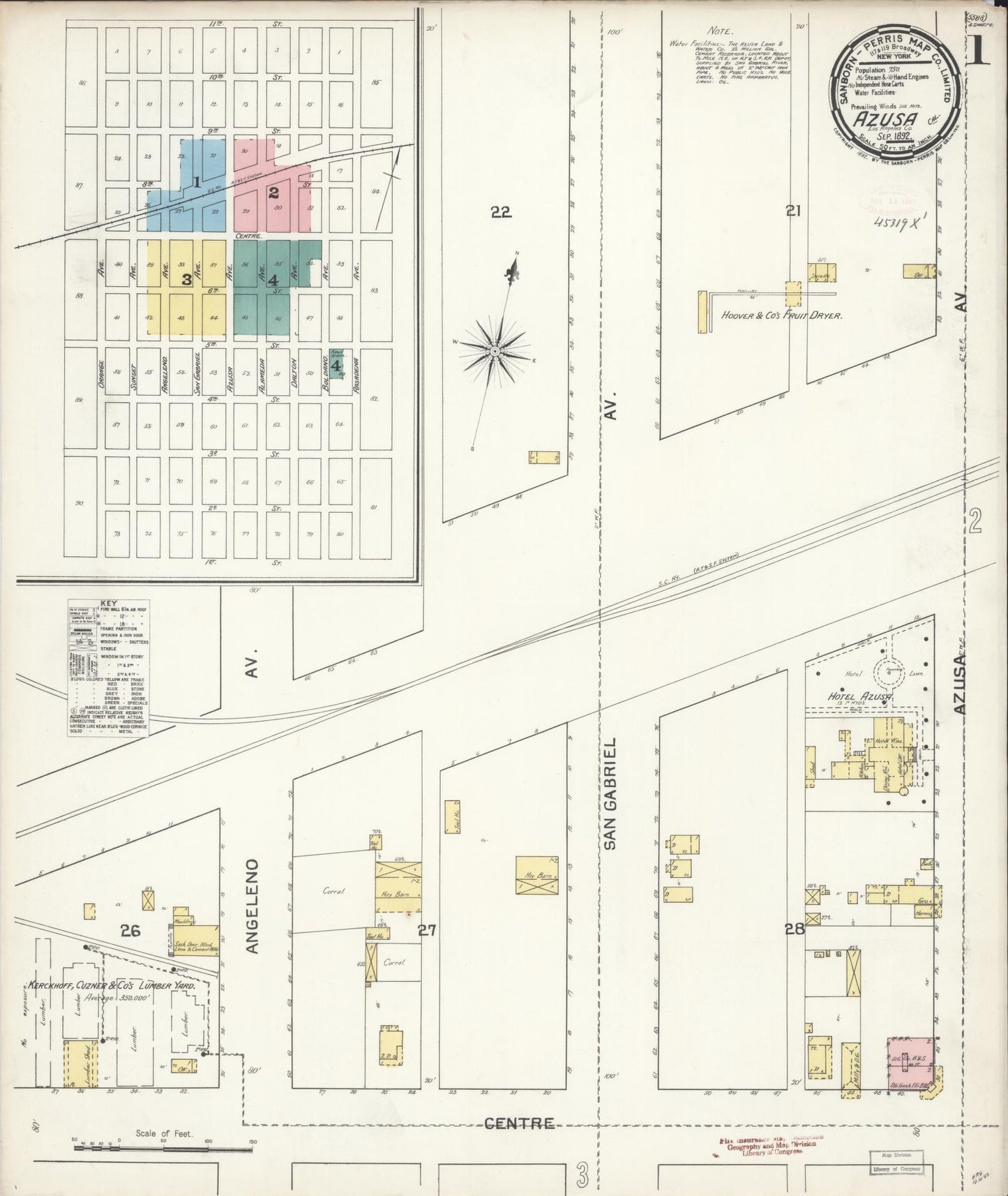 Sanborn Fire Insurance Map from Azusa, Los Angeles County, California (1892), Sheet #0001 - Historic Sanborn Fire Insurance Map Print, vintage old map wall art, antique decor, genealogy gift, California California map