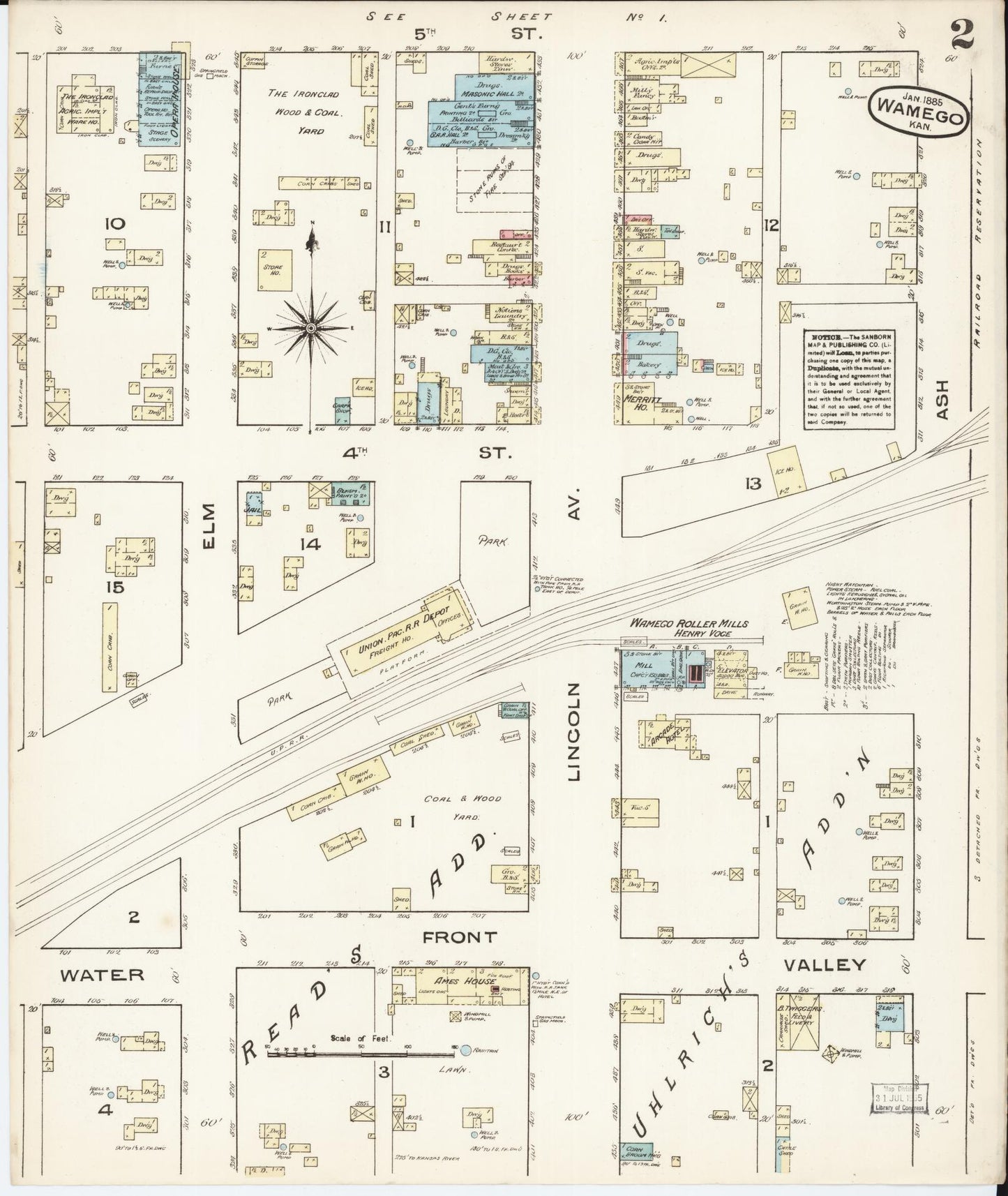 Sanborn Fire Insurance Map from Wamego, Pottawatomie County, Kansas (1885), Sheet #0002 - Complete Map Set gallery image, historic Sanborn map, vintage wall art, Kansas Kansas