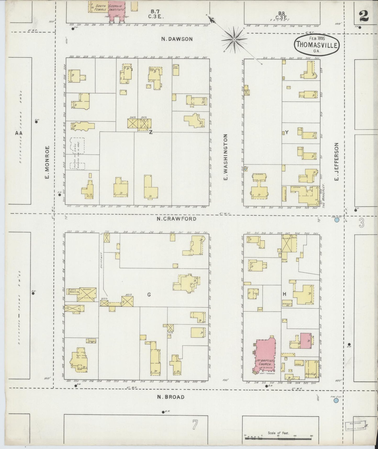 Sanborn Fire Insurance Map from Thomasville, Thomas County, Georgia (1895), Sheet #0002 - Historic Sanborn Fire Insurance Map Print, vintage old map wall art, antique decor, genealogy gift, Georgia Georgia map