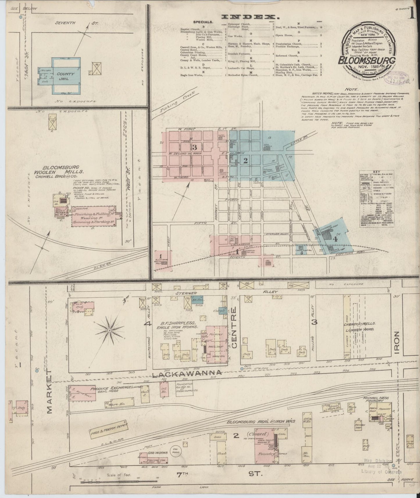 Sanborn Fire Insurance Map from Bloomsburg, Columbia County, Pennsylvania (1885), Sheet #0001 - Historic Sanborn Fire Insurance Map Print, vintage old map wall art, antique decor, genealogy gift, Pennsylvania Pennsylvania map