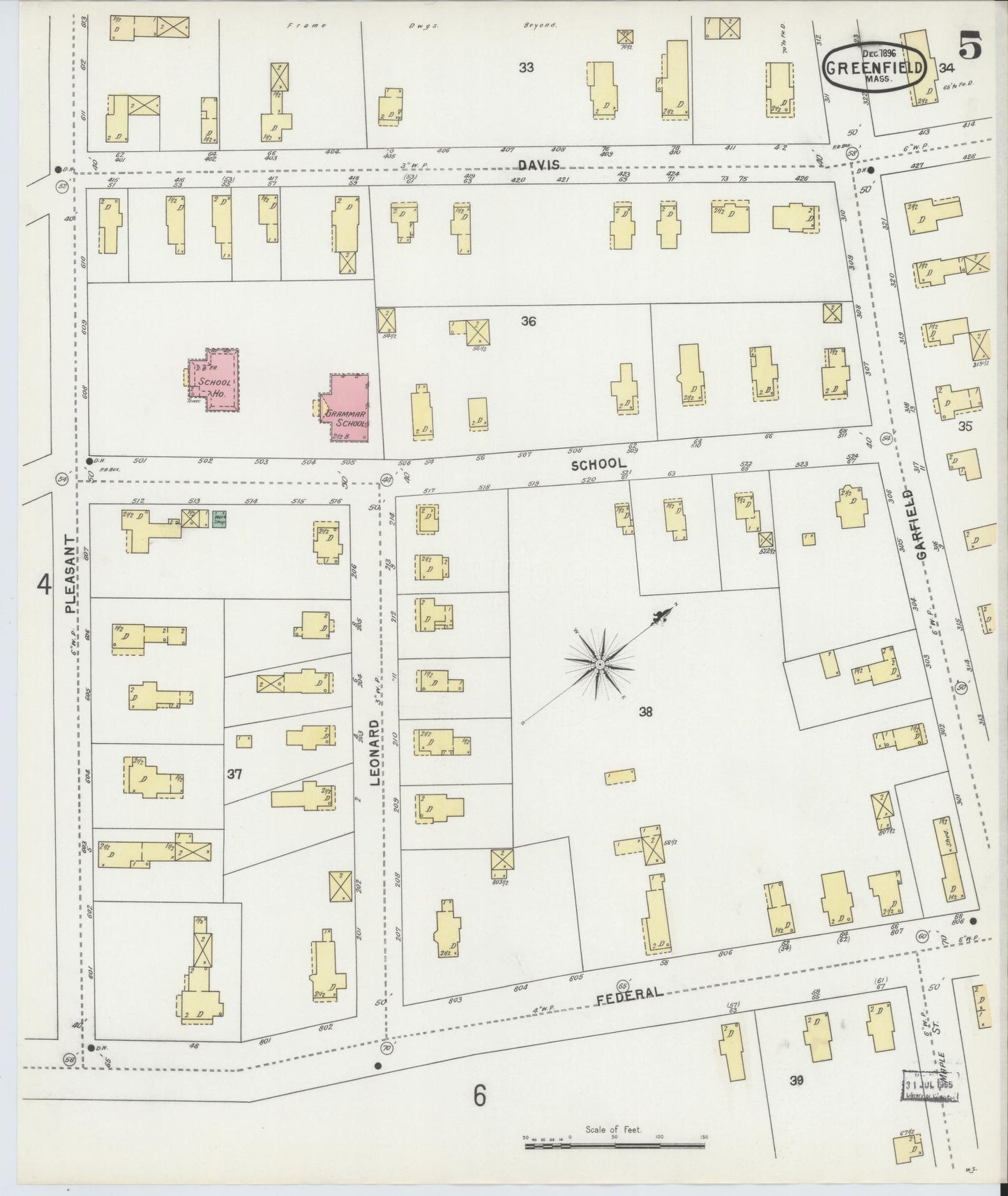 Sanborn Fire Insurance Map from Greenfield, Franklin County, Massachusetts (1896), Sheet #0005 - Historic Sanborn Fire Insurance Map Print, vintage old map wall art, antique decor, genealogy gift, Massachusetts Massachusetts map
