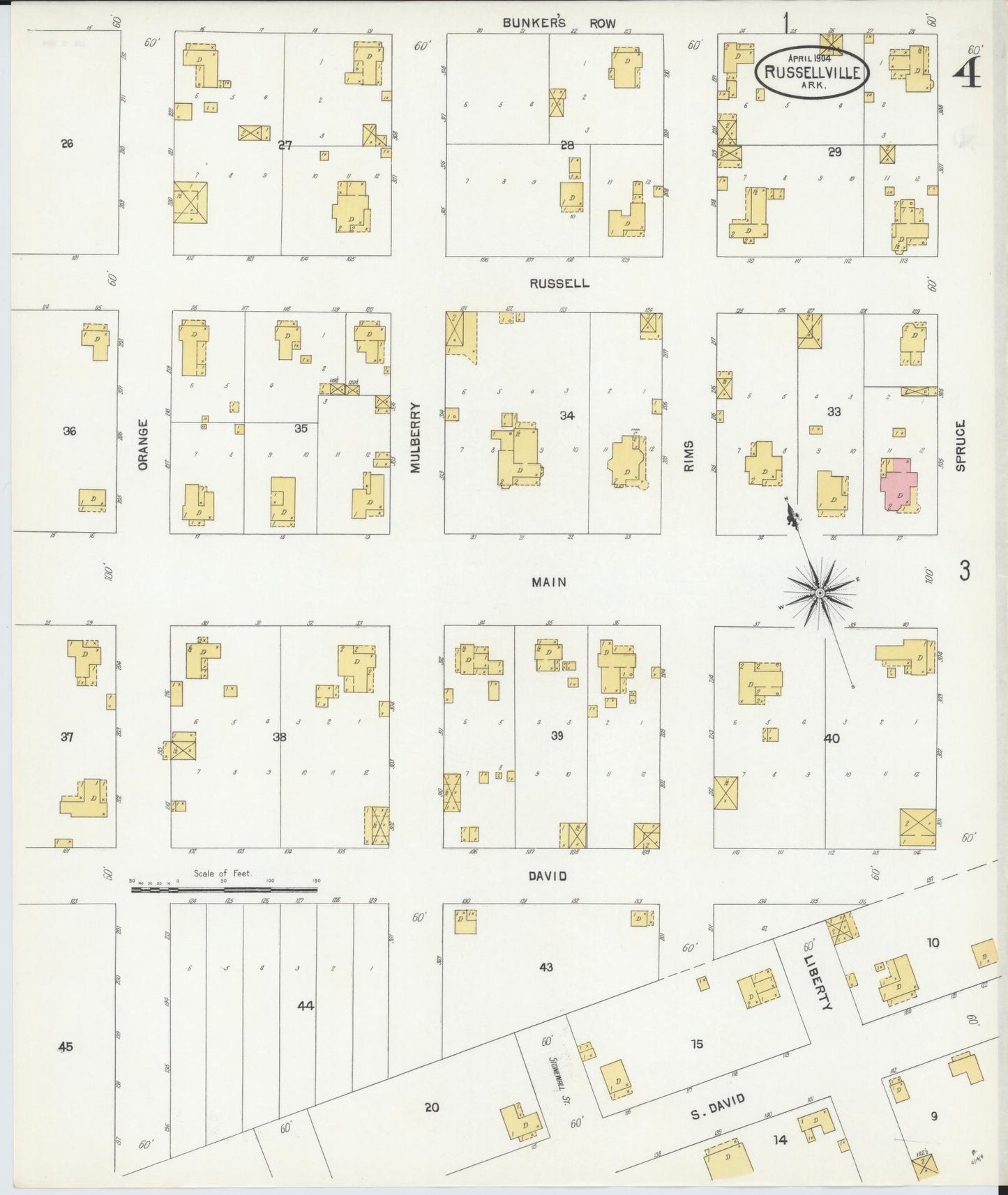 Sanborn Fire Insurance Map from Russellville, Pope County, Arkansas (1904), Sheet #0004 - Historic Sanborn Fire Insurance Map Print, vintage old map wall art, antique decor, genealogy gift, Arkansas Arkansas map
