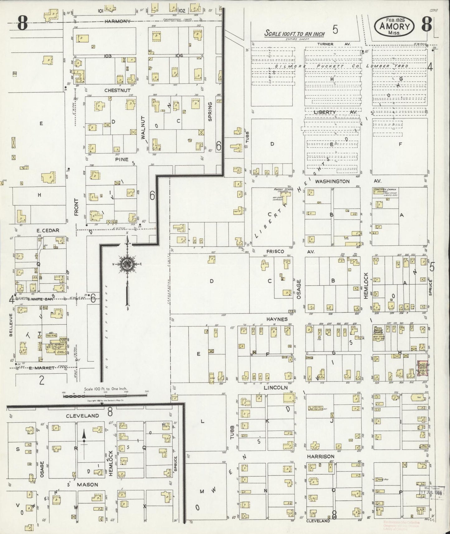 Sanborn Fire Insurance Map from Amory, Monroe County, Mississippi (1925), Sheet #0008 - Complete Map Set gallery image, historic Sanborn map, vintage wall art, Mississippi Mississippi