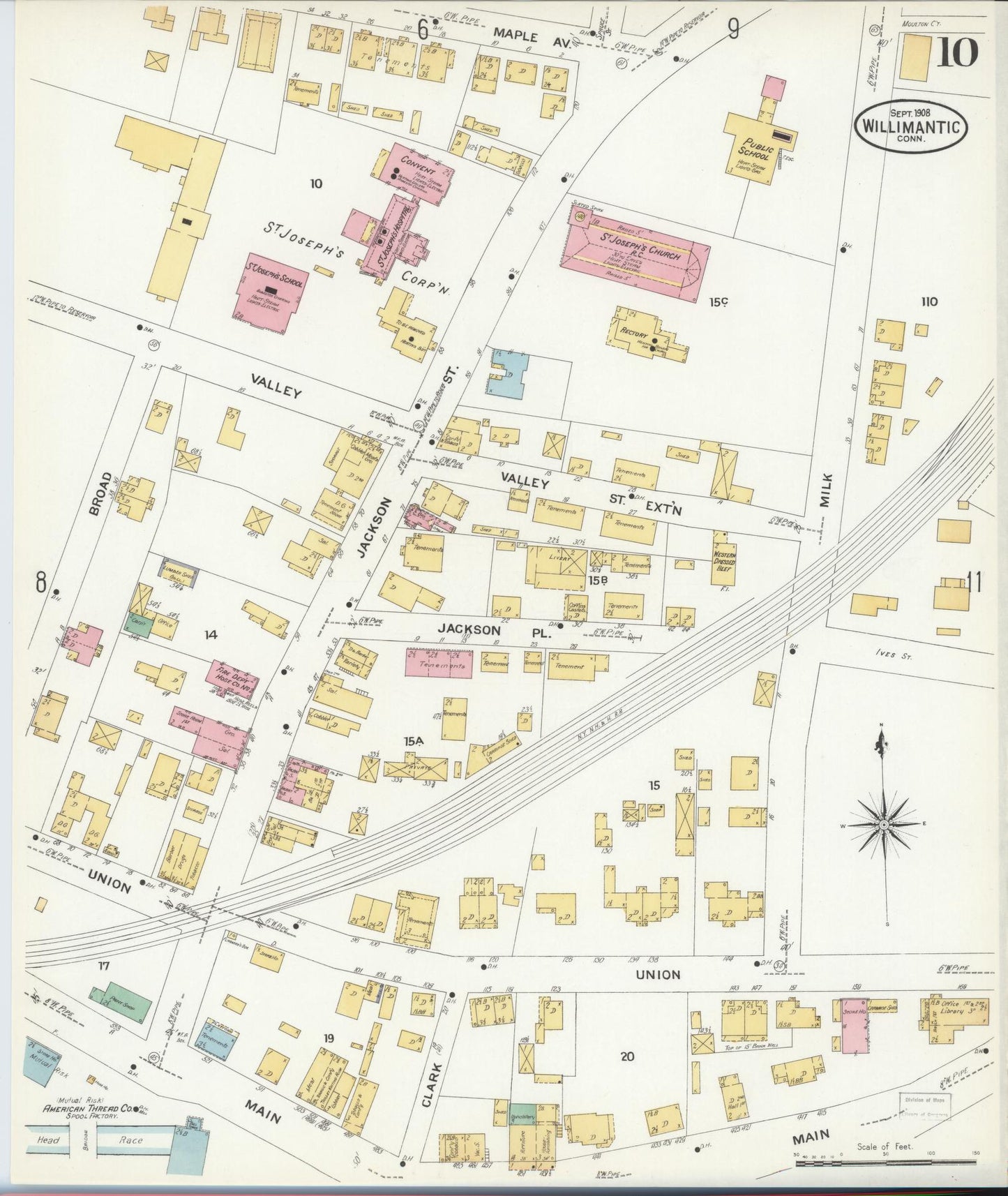 Sanborn Fire Insurance Map from Willimantic, Windham County, Connecticut (1908), Sheet #0010 - Historic Sanborn Fire Insurance Map Print, vintage old map wall art, antique decor, genealogy gift, Connecticut Connecticut map