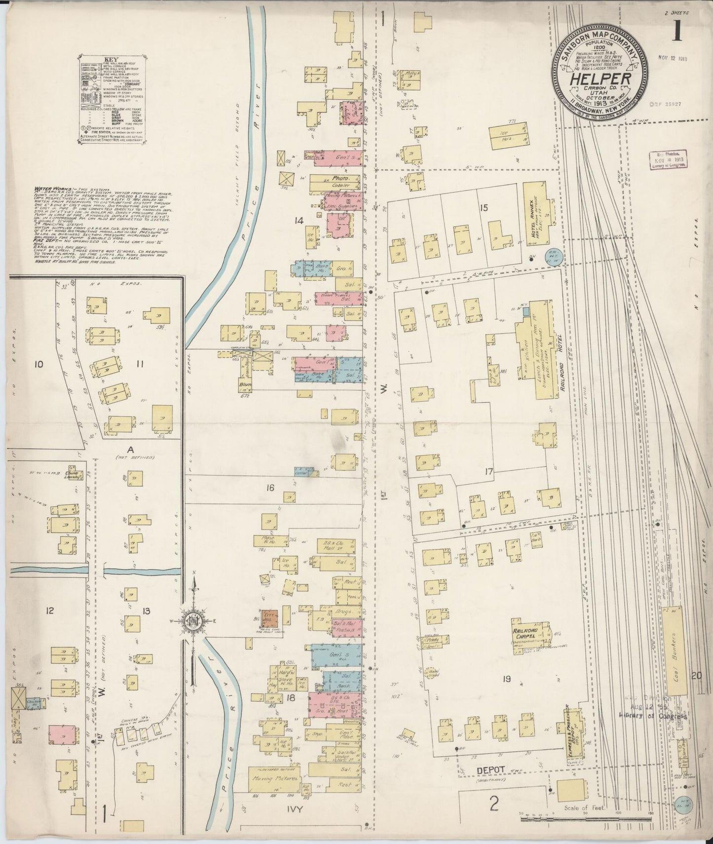 Sanborn Fire Insurance Map from Helper, Carbon County, Utah (1913), Sheet #0001 - Historic Sanborn Fire Insurance Map Print, vintage old map wall art, antique decor, genealogy gift, Utah Utah map