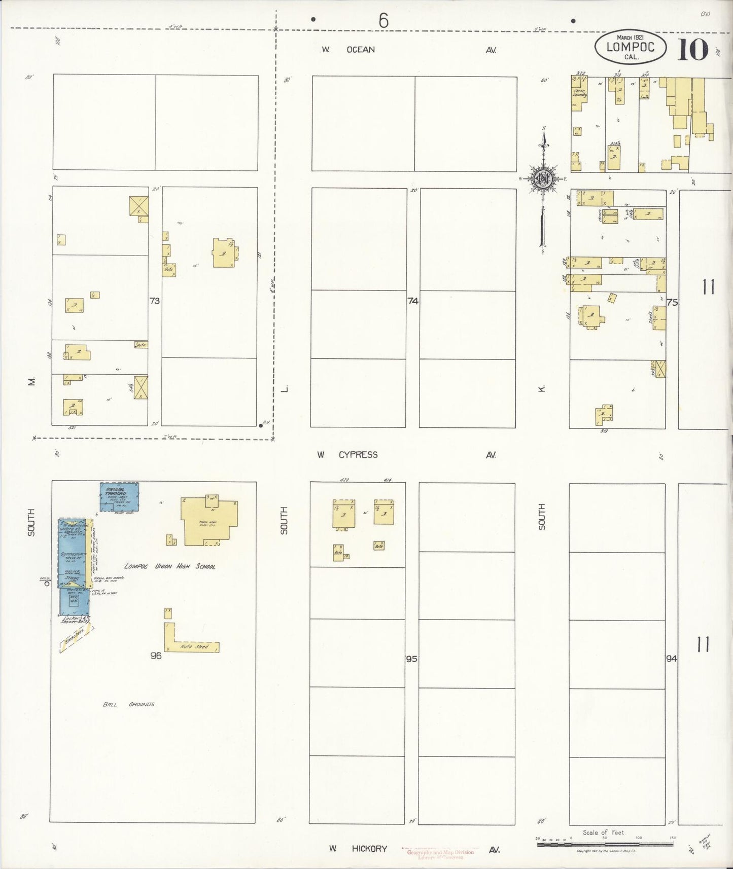 Sanborn Fire Insurance Map from Lompoc, Santa Barbara County, California (1921), Sheet #0010 - Historic Sanborn Fire Insurance Map Print, vintage old map wall art, antique decor, genealogy gift, California California map