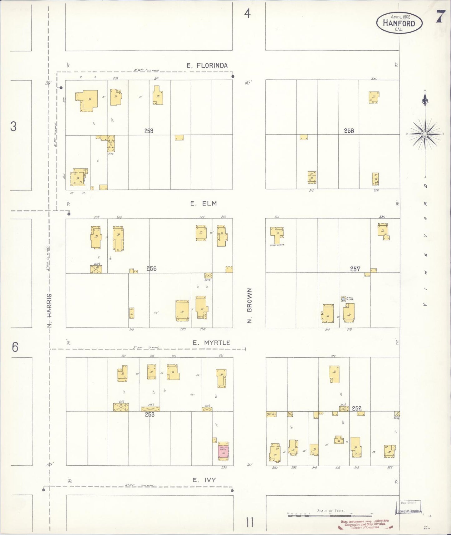 Sanborn Fire Insurance Map from Hanford, Kings County, California (1905), Sheet #0007 - Historic Sanborn Fire Insurance Map Print, vintage old map wall art, antique decor, genealogy gift, California California map