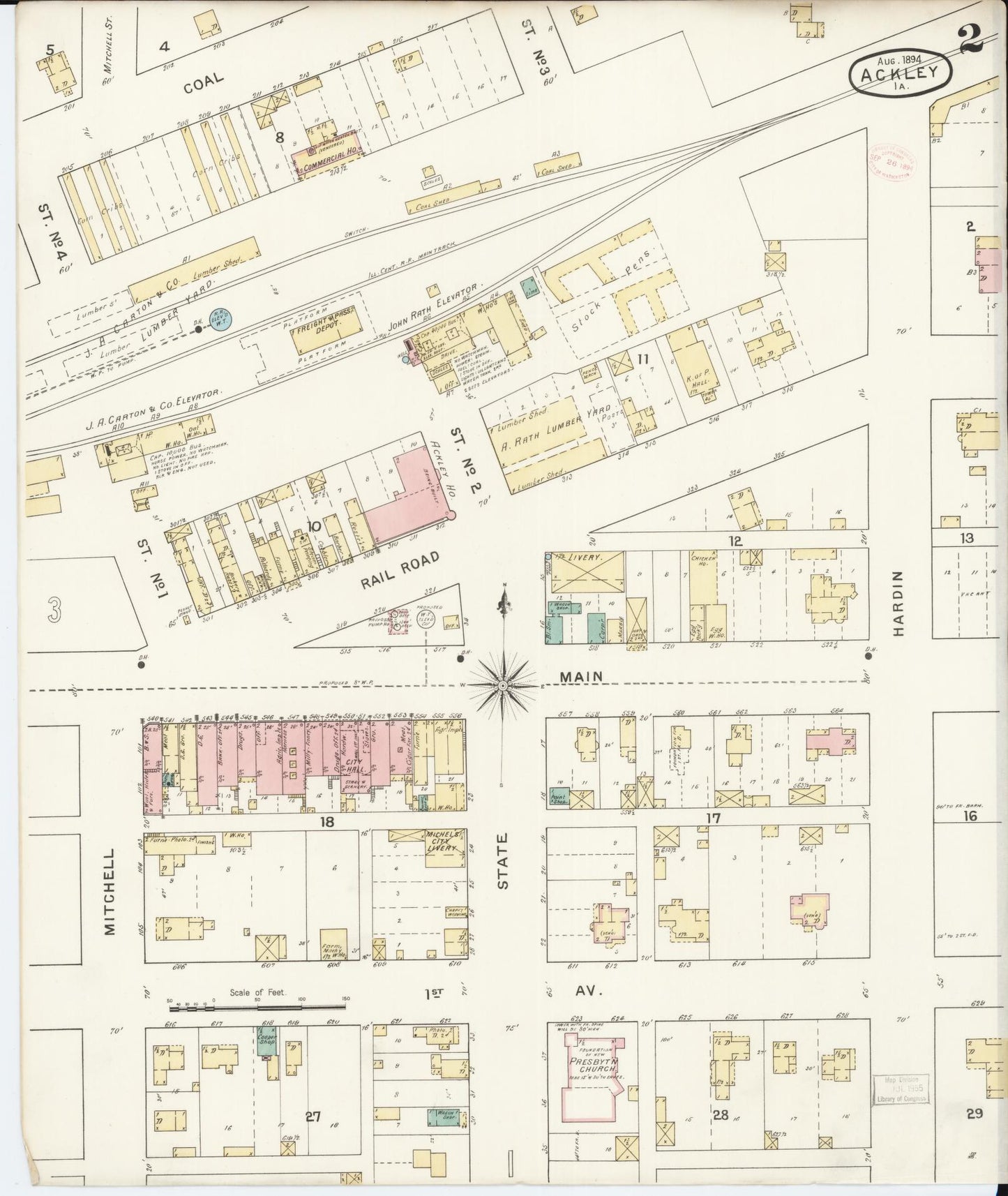 Sanborn Fire Insurance Map from Ackley, Hardin and Franklin Counties, Iowa (1894), Sheet #0002 - Historic Sanborn Fire Insurance Map Print, vintage old map wall art
