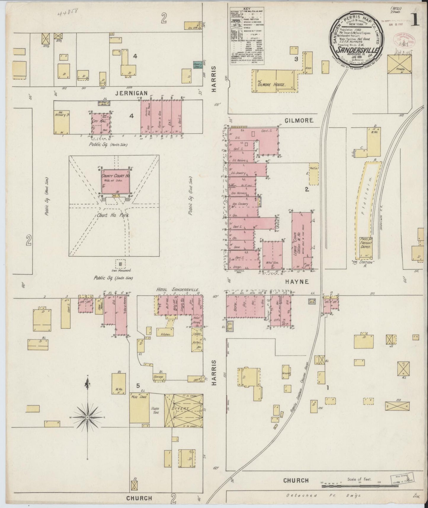 Sanborn Fire Insurance Map from Sandersville, Washington County, Georgia (1895), Sheet #0001 - Historic Sanborn Fire Insurance Map Print, vintage old map wall art, antique decor, genealogy gift, Georgia Georgia map