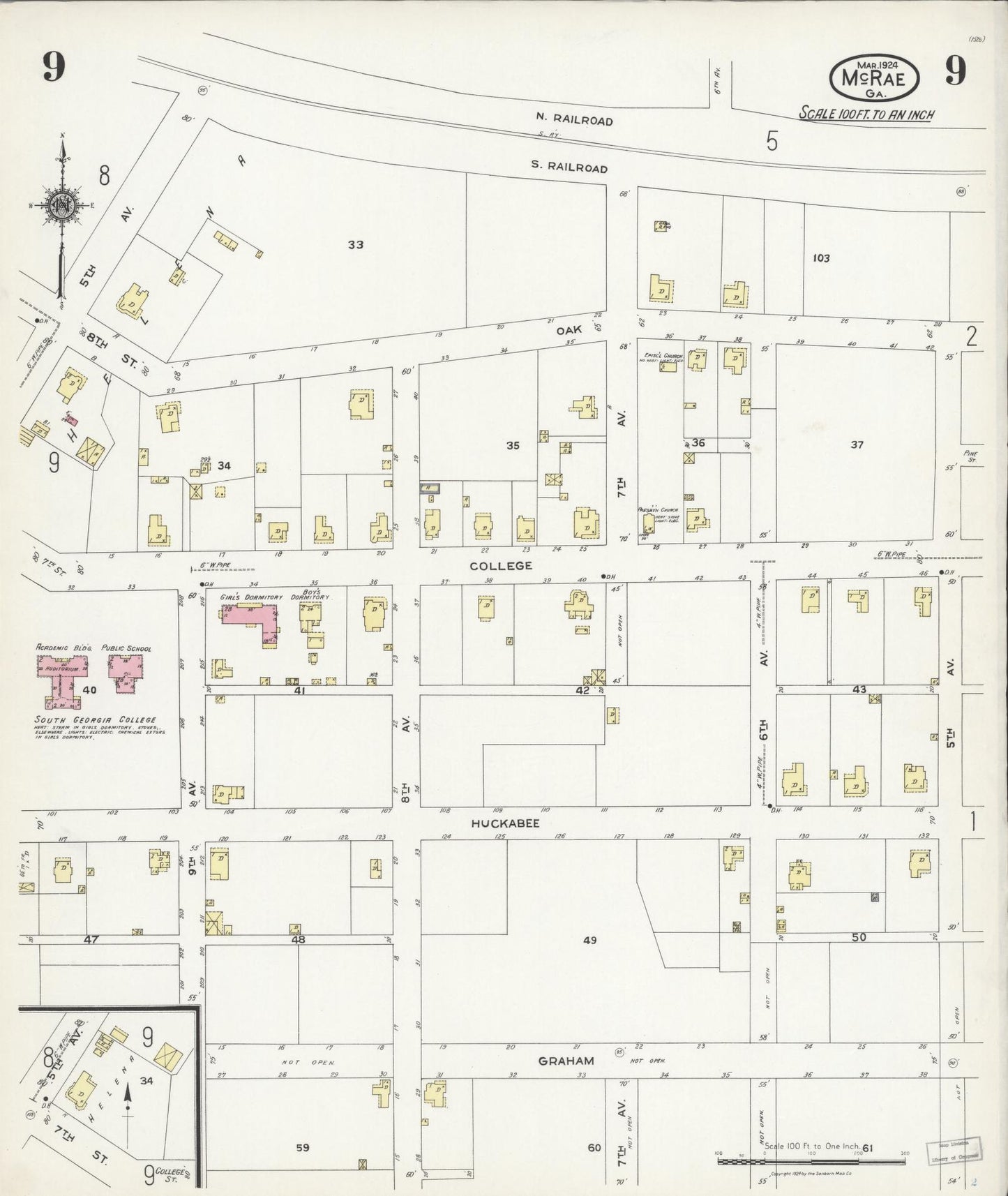 Sanborn Fire Insurance Map from Mcrae, Telfair County, Georgia (1924), Sheet #0009 - Historic Sanborn Fire Insurance Map Print, vintage old map wall art, antique decor, genealogy gift, Georgia Georgia map
