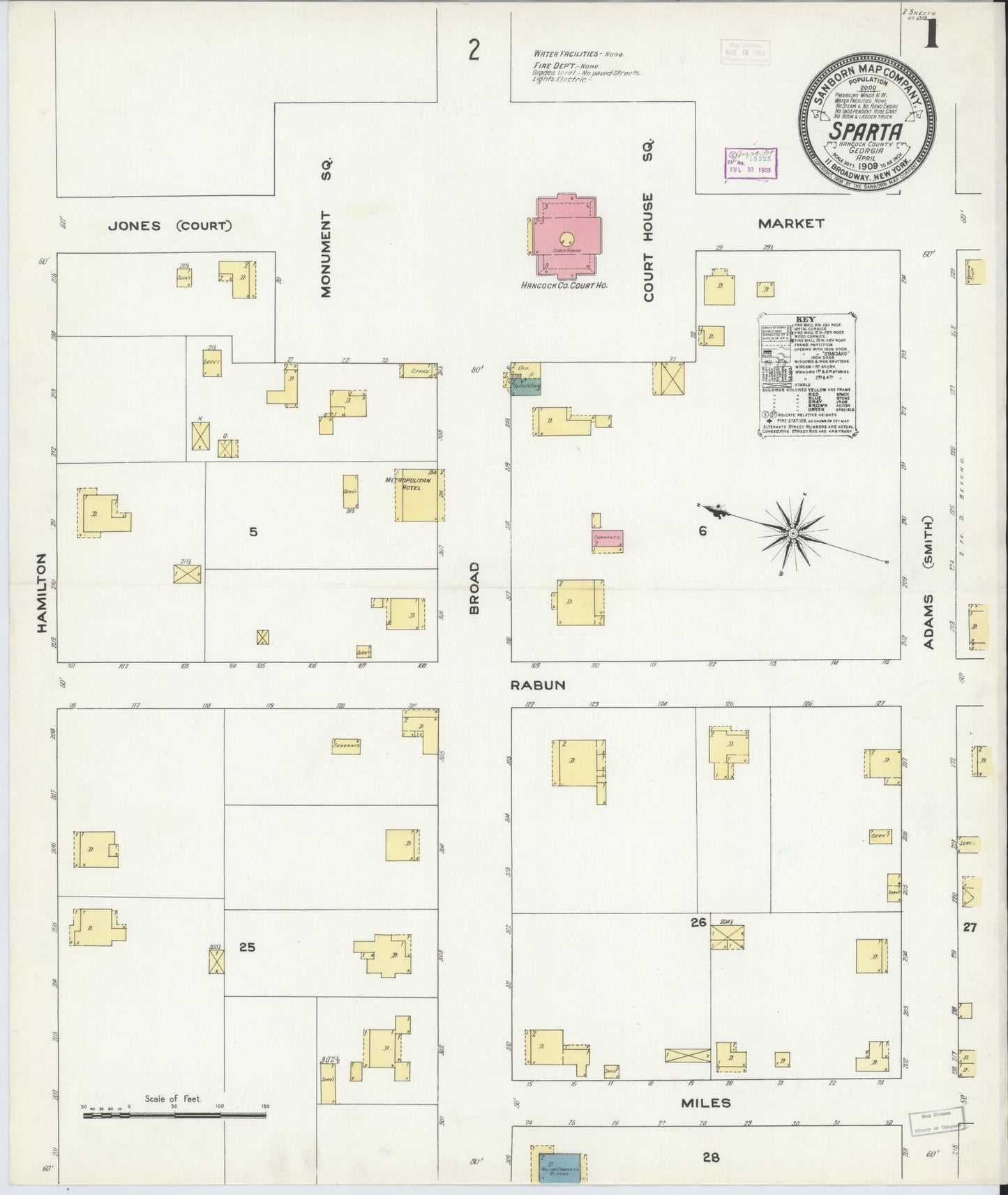 Sanborn Fire Insurance Map from Sparta, Hancock County, Georgia (1909), Sheet #0001 - Historic Sanborn Fire Insurance Map Print, vintage old map wall art, antique decor, genealogy gift, Georgia Georgia map
