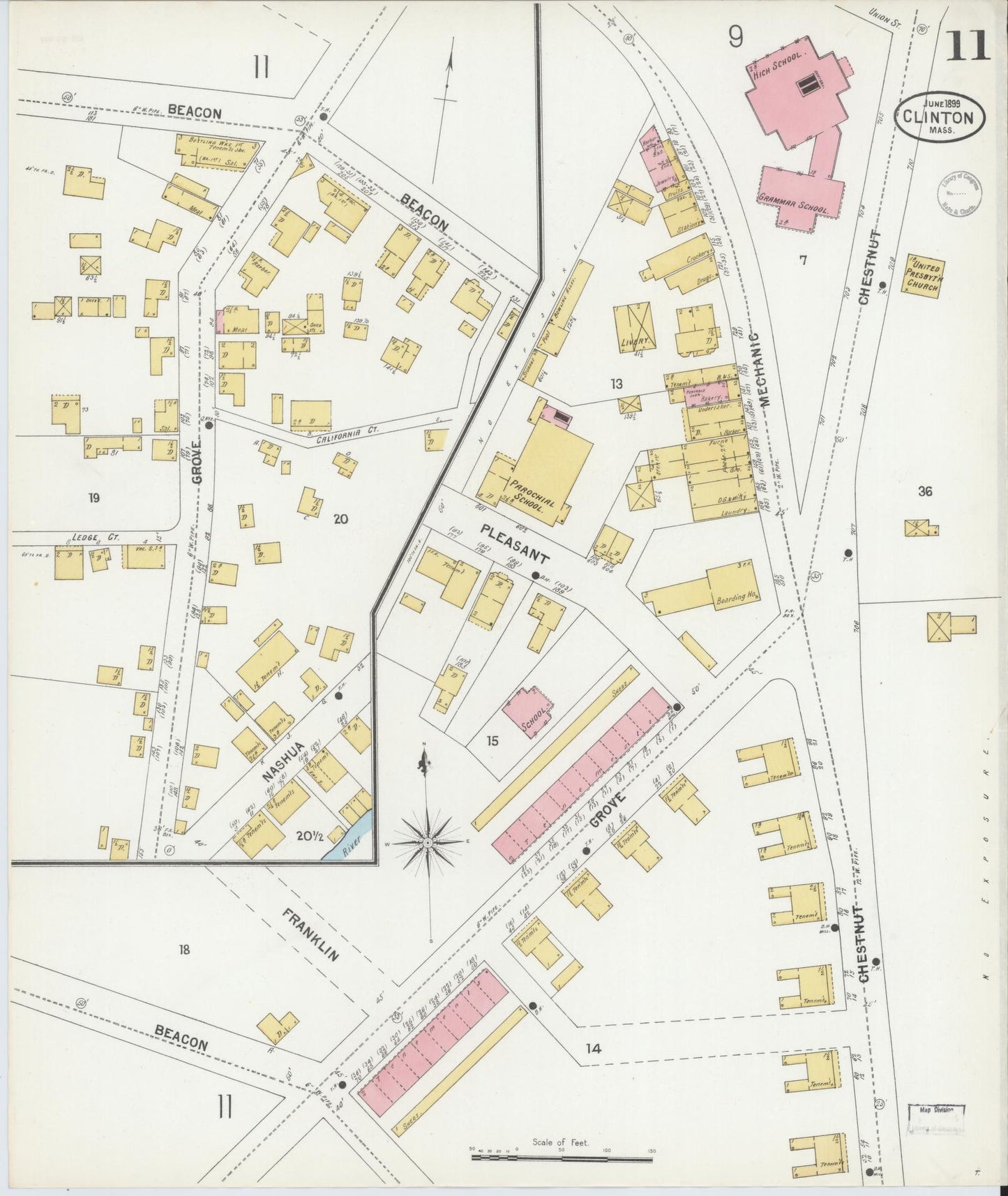 Sanborn Fire Insurance Map from Clinton, Worcester County, Massachusetts (1899), Sheet #0011 - Historic Sanborn Fire Insurance Map Print, vintage old map wall art, antique decor, genealogy gift, Massachusetts Massachusetts map
