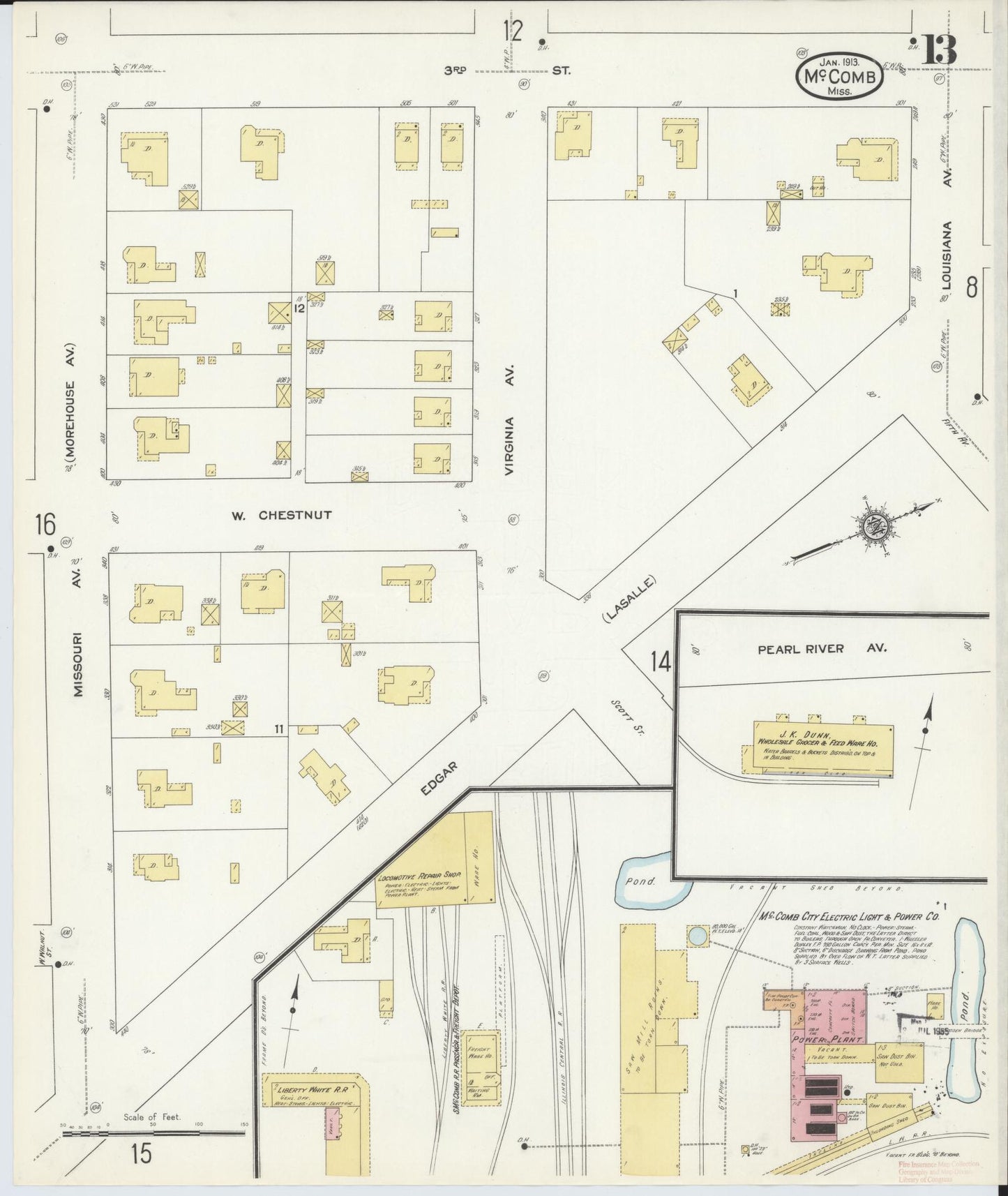 Sanborn Fire Insurance Map from McComb, Pike County, Mississippi (1913), Sheet #0013 - Historic Sanborn Fire Insurance Map Print, vintage old map wall art, antique decor, genealogy gift, Mississippi Mississippi map
