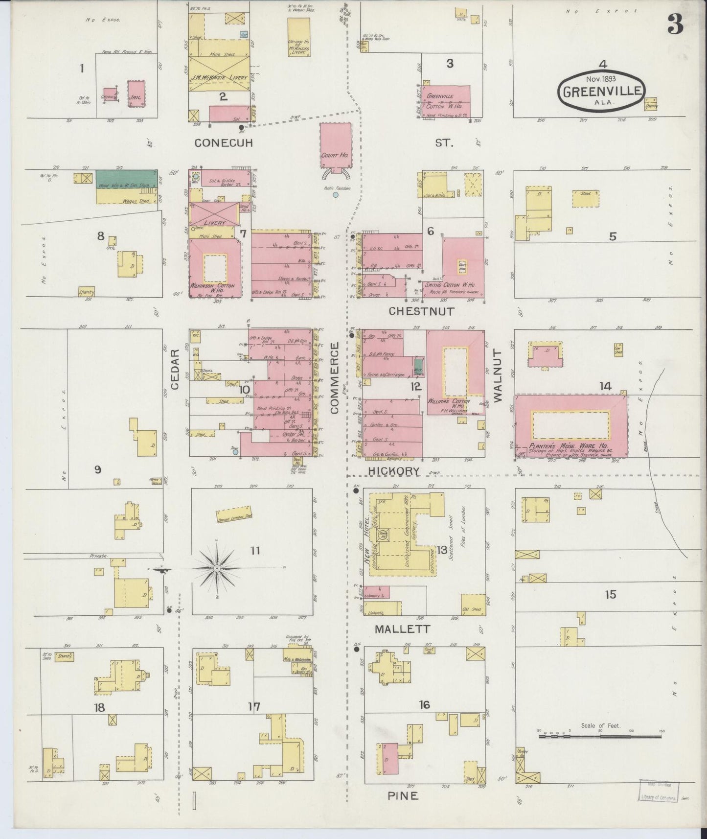 Sanborn Fire Insurance Map from Greenville, Butler County, Alabama (1893), Sheet #0003 - Historic Sanborn Fire Insurance Map Print, vintage old map wall art, antique decor, genealogy gift, Alabama Alabama map