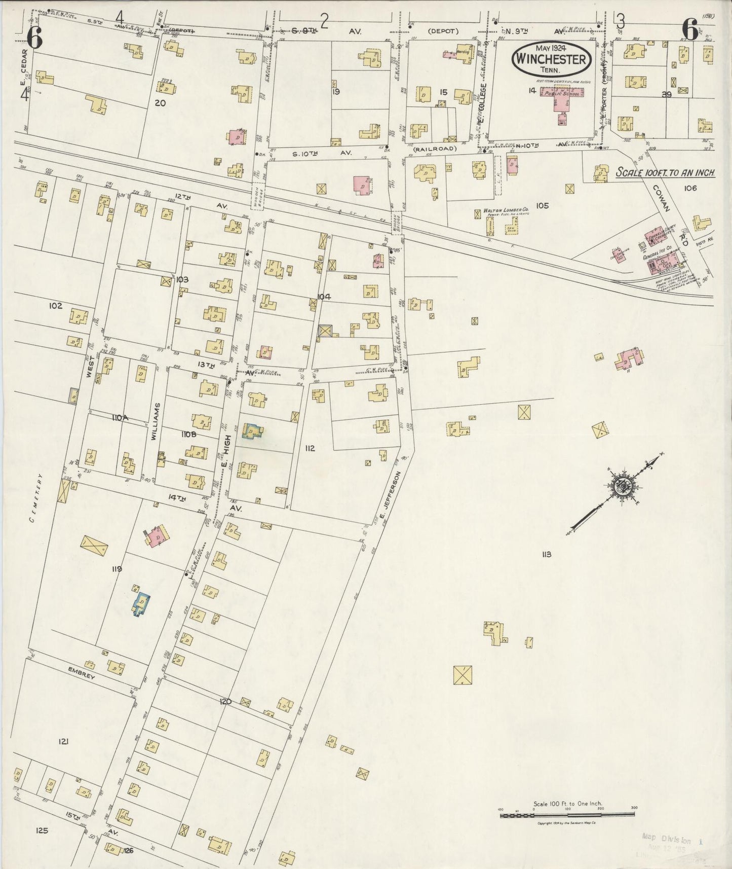 Sanborn Fire Insurance Map from Winchester, Franklin County, Tennessee (1924), Sheet #0006 - Historic Sanborn Fire Insurance Map Print, vintage old map wall art, antique decor, genealogy gift, Tennessee Tennessee map