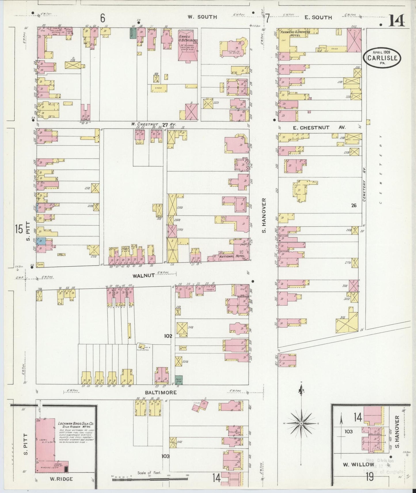 Sanborn Fire Insurance Map from Carlisle, Cumberland County, Pennsylvania (1909), Sheet #0014 - Historic Sanborn Fire Insurance Map Print, vintage old map wall art, antique decor, genealogy gift, Pennsylvania Pennsylvania map