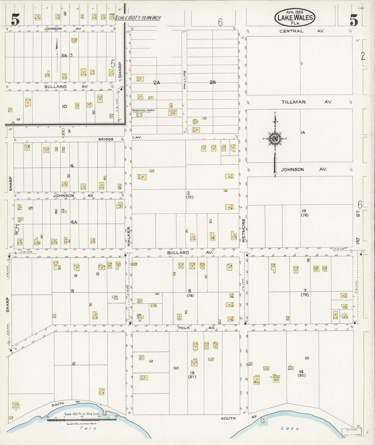 Sanborn Fire Insurance Map from Lake Wales, Polk County, Florida (1924), Sheet #0005 - Historic Sanborn Fire Insurance Map Print, vintage old map wall art, antique decor, genealogy gift, Florida Florida map