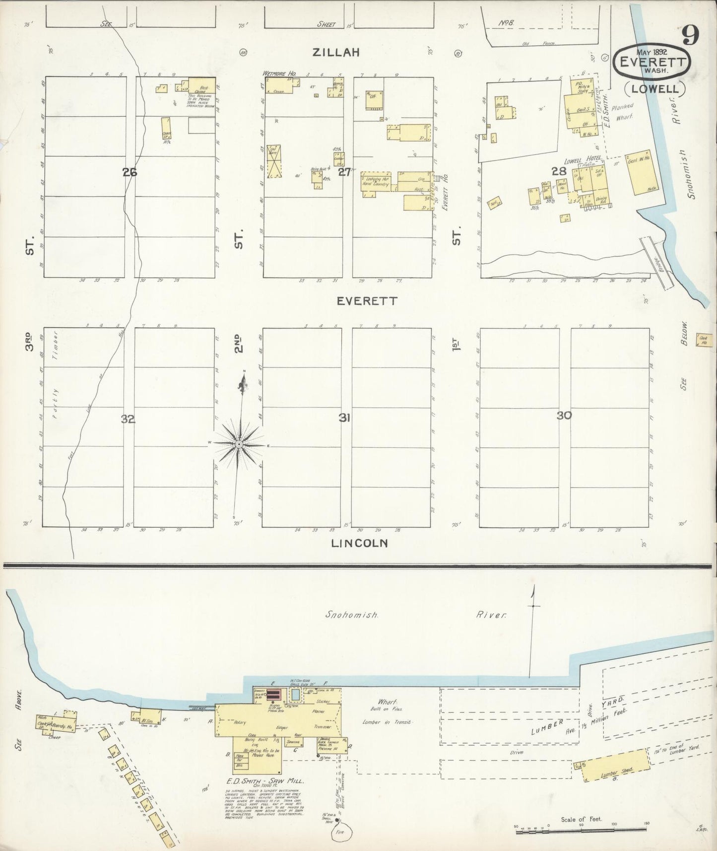 Sanborn Fire Insurance Map from Everett, Snohomish County, Washington (1892), Sheet #0009 - Historic Sanborn Fire Insurance Map Print, vintage old map wall art, antique decor, genealogy gift, Washington Washington map