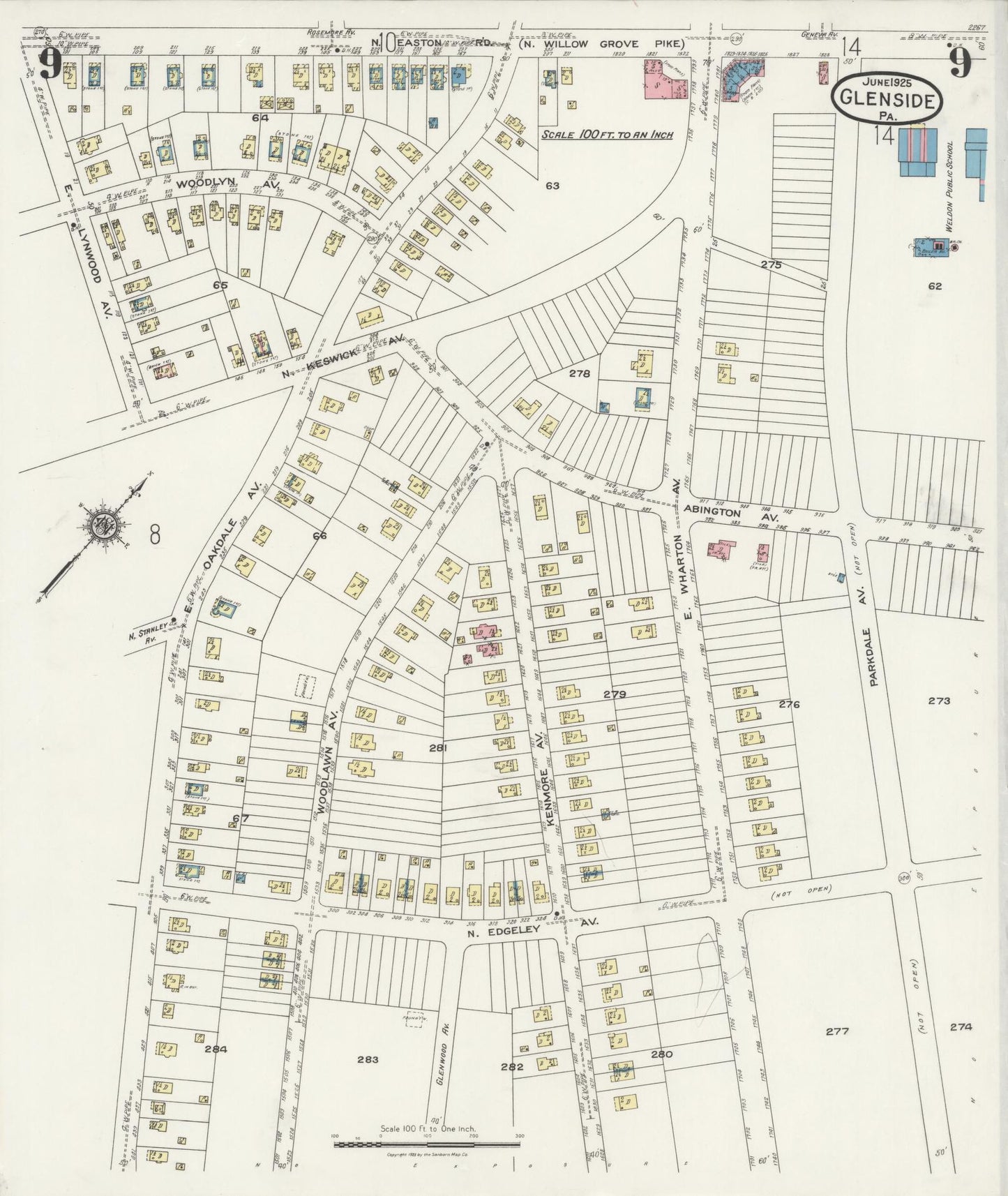 Sanborn Fire Insurance Map from Glenside, Montgomery County, Pennsylvania (1925), Sheet #0009 - Historic Sanborn Fire Insurance Map Print, vintage old map wall art, antique decor, genealogy gift, Pennsylvania Pennsylvania map