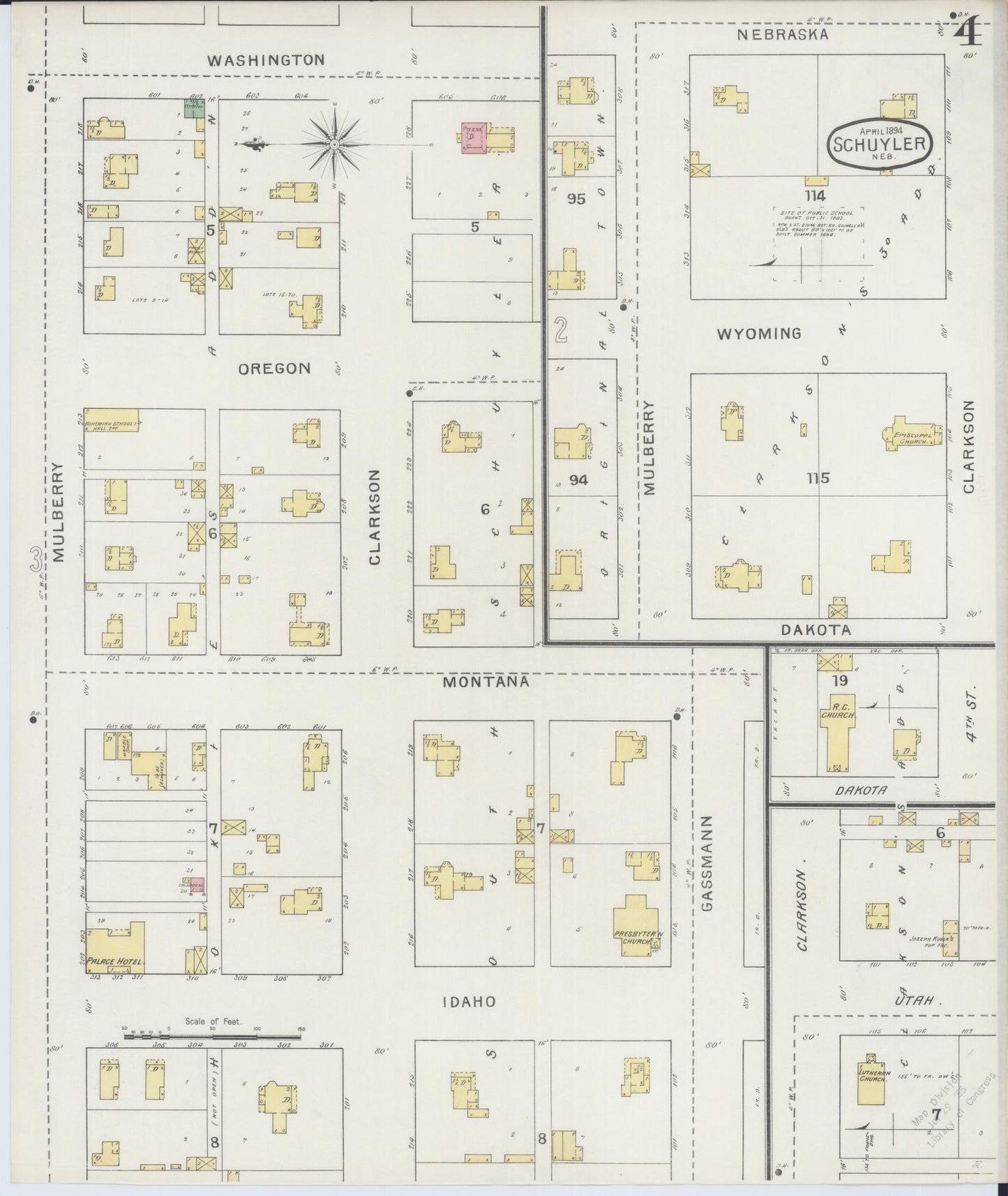 Sanborn Fire Insurance Map from Schuyler, Colfax County, Nebraska (1894), Sheet #0004 - Historic Sanborn Fire Insurance Map Print, vintage old map wall art, antique decor, genealogy gift, Nebraska Nebraska map