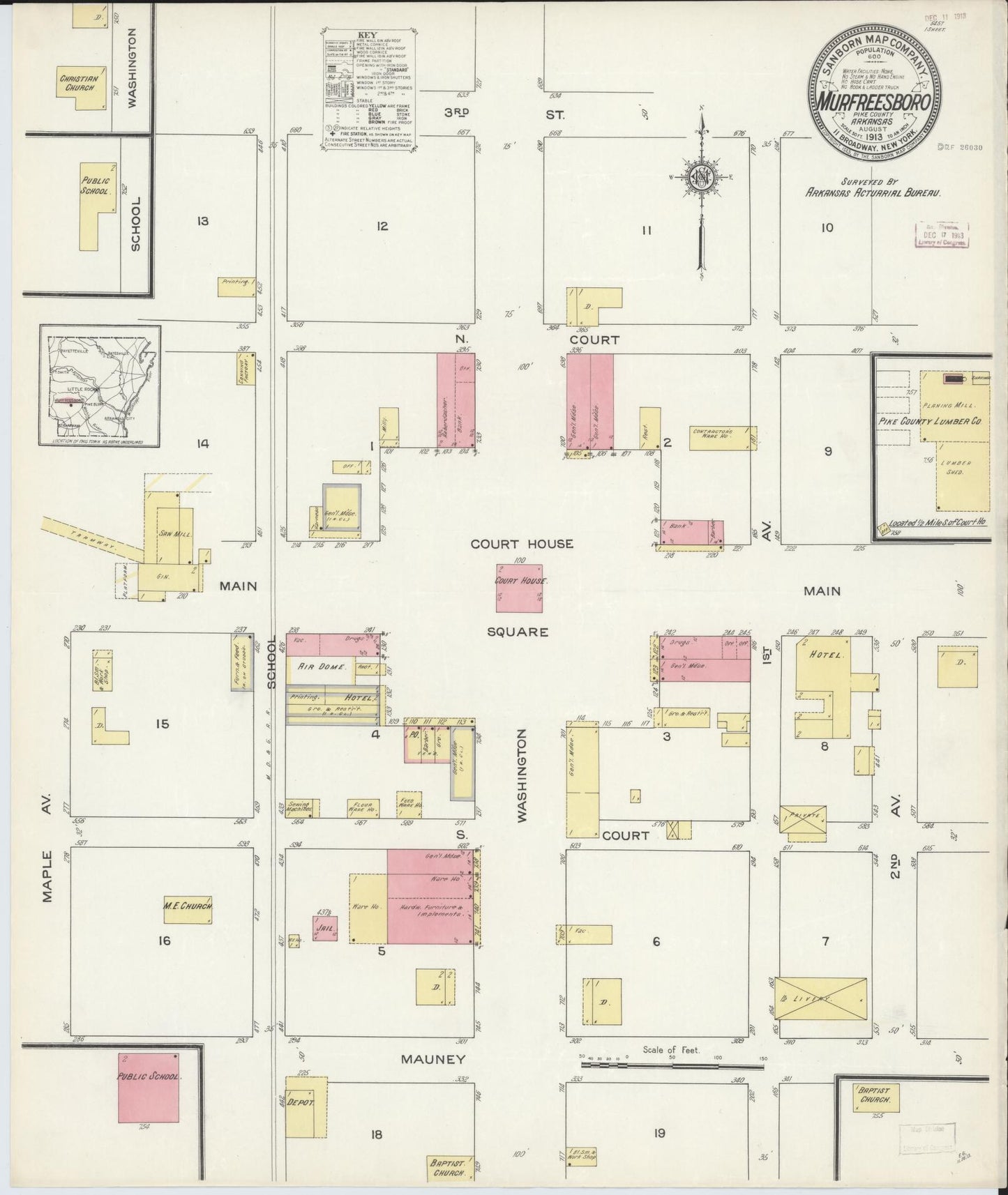Sanborn Fire Insurance Map from Murfreesboro, Pike County, Arkansas (1913), Sheet #0001 - Historic Sanborn Fire Insurance Map Print, vintage old map wall art, antique decor, genealogy gift, Arkansas Arkansas map