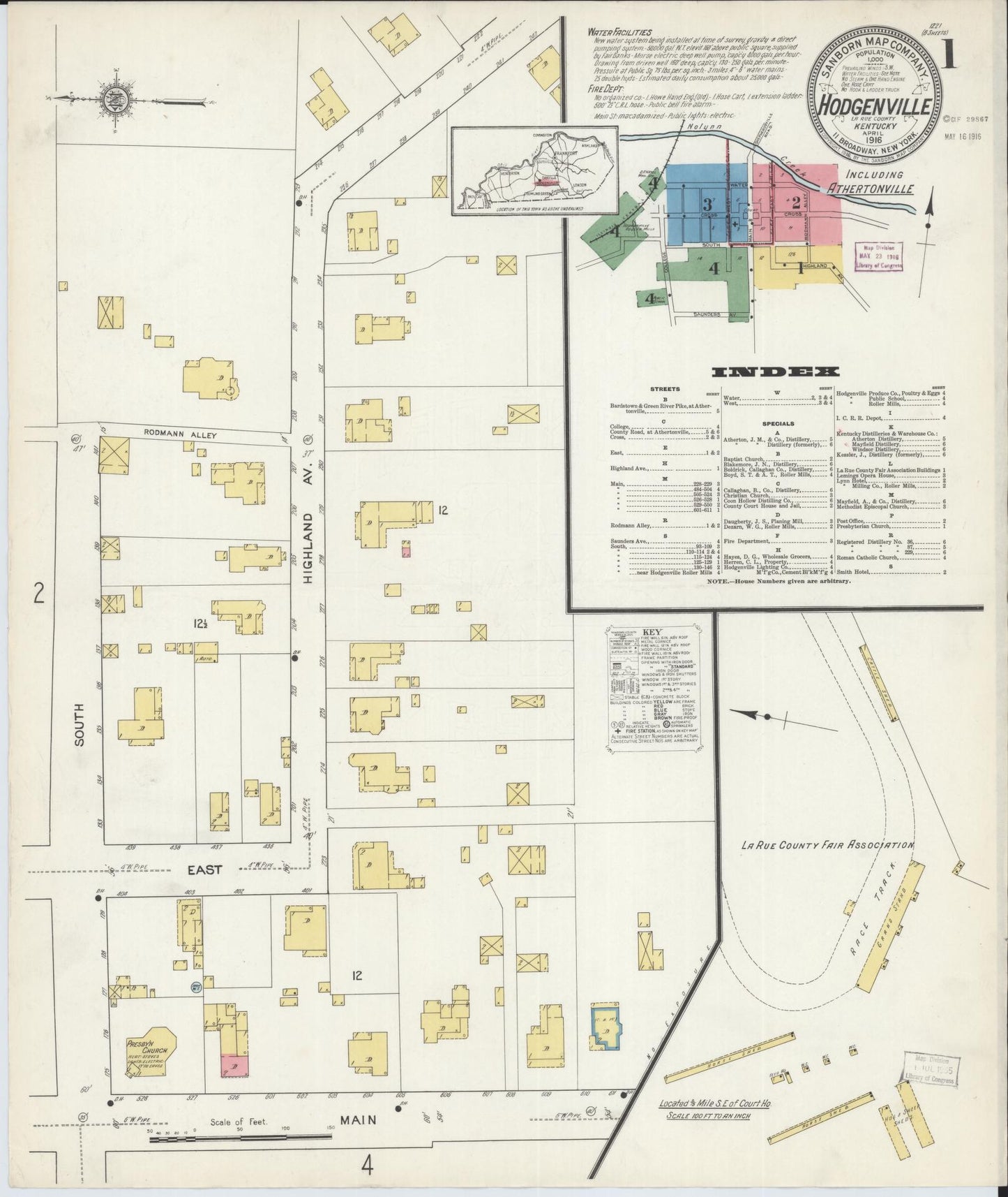Sanborn Fire Insurance Map from Hodgenville, Larue County, Kentucky (1916), Sheet #0001 - Historic Sanborn Fire Insurance Map Print, vintage old map wall art, antique decor, genealogy gift, Kentucky Kentucky map