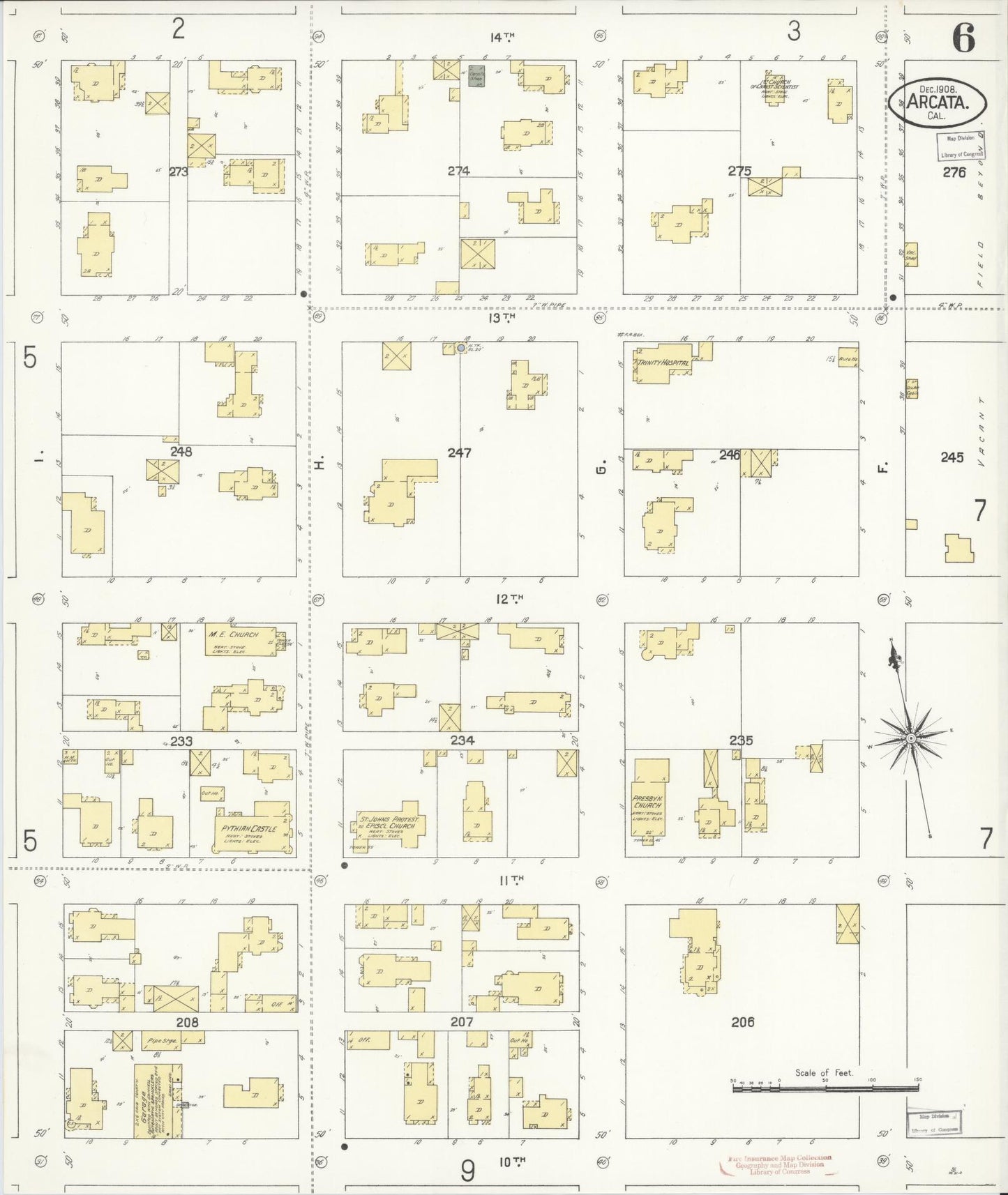 Sanborn Fire Insurance Map from Arcata, Humboldt County, California (1908), Sheet #0006 - Historic Sanborn Fire Insurance Map Print, vintage old map wall art, antique decor, genealogy gift, California California map