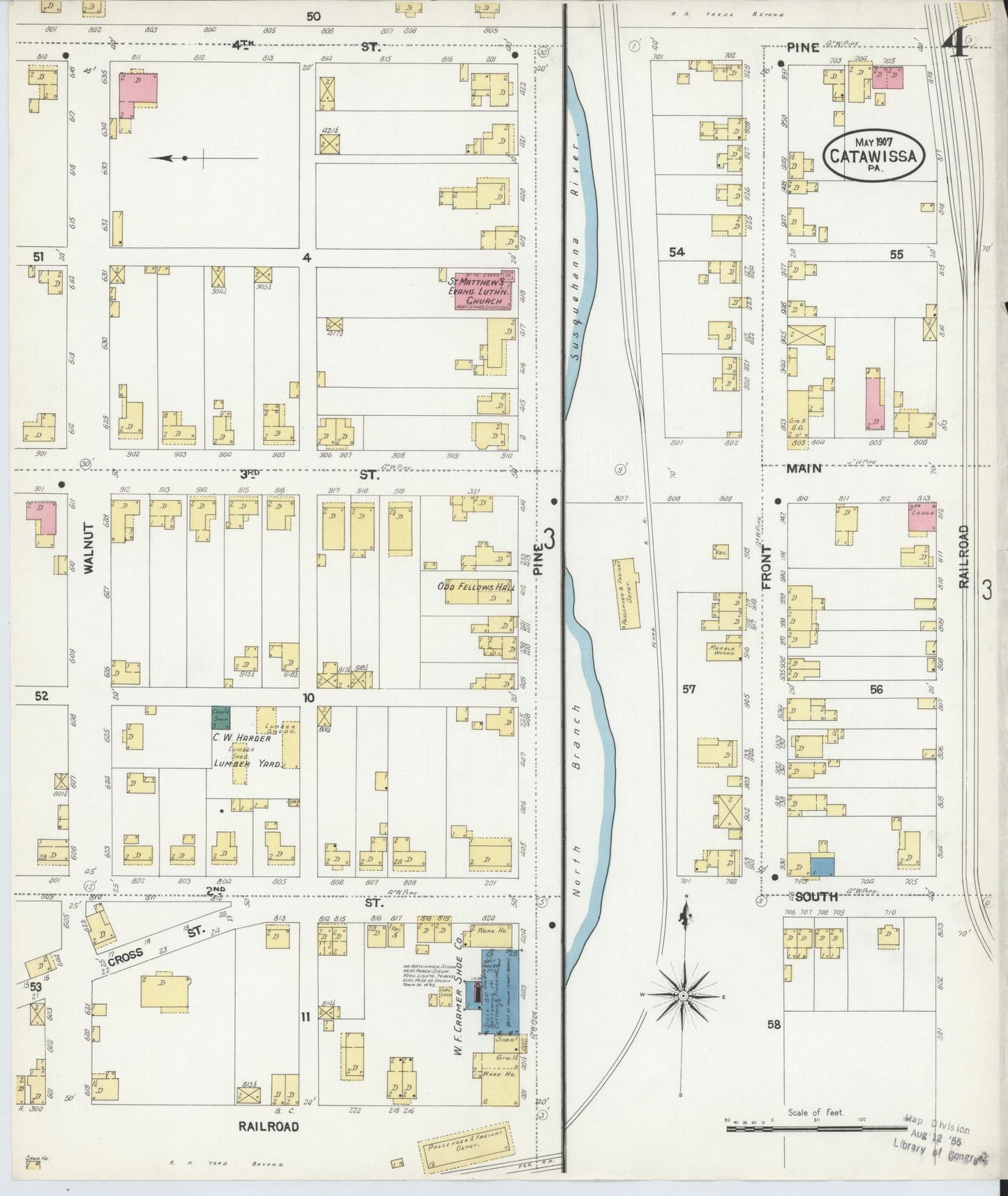 Sanborn Fire Insurance Map from Catawissa, Columbia County, Pennsylvania (1907), Sheet #0004 - Historic Sanborn Fire Insurance Map Print, vintage old map wall art, antique decor, genealogy gift, Pennsylvania Pennsylvania map
