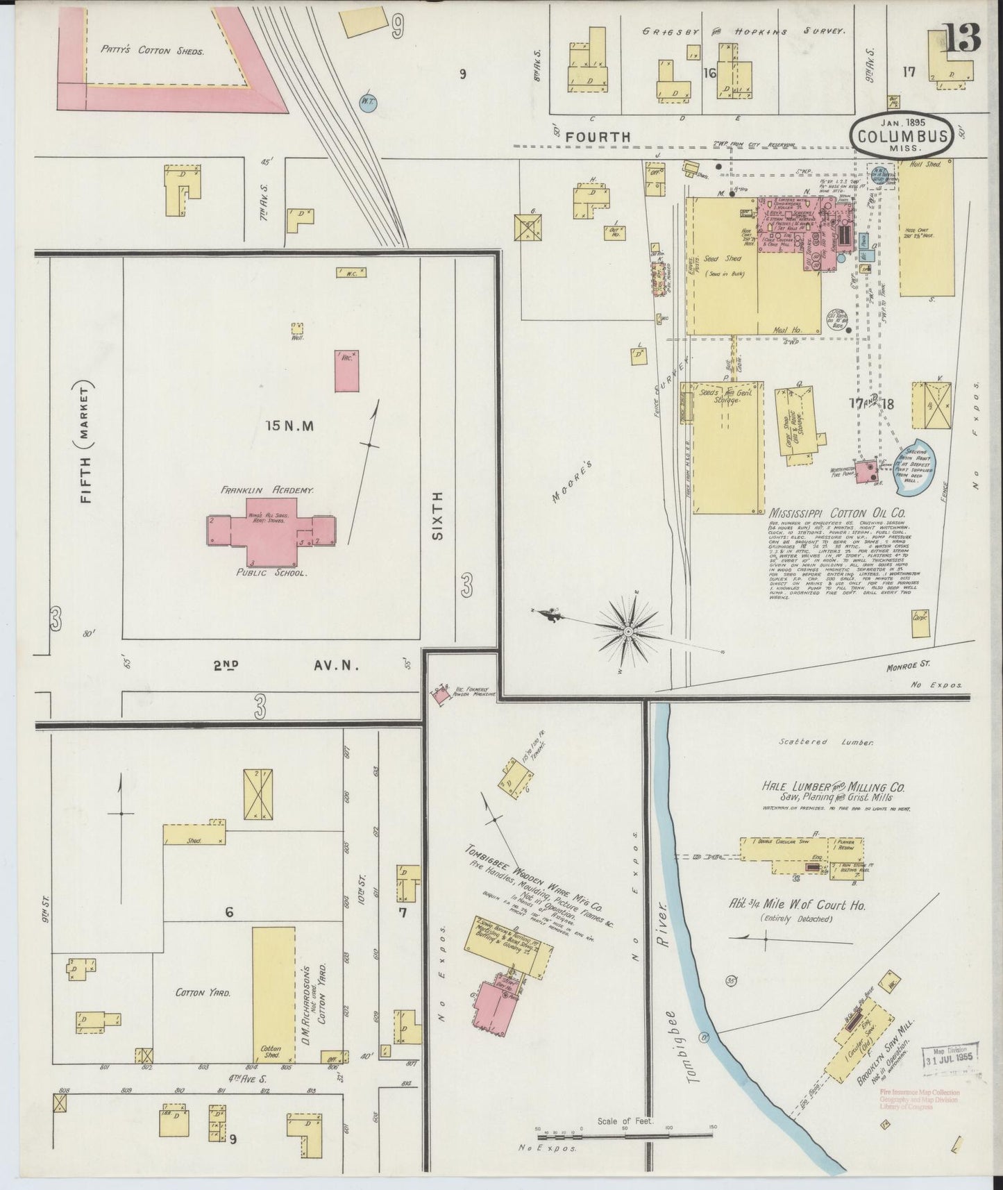 Sanborn Fire Insurance Map from Columbus, Lowndes County, Mississippi (1895), Sheet #0013 - Historic Sanborn Fire Insurance Map Print, vintage old map wall art, antique decor, genealogy gift, Mississippi Mississippi map