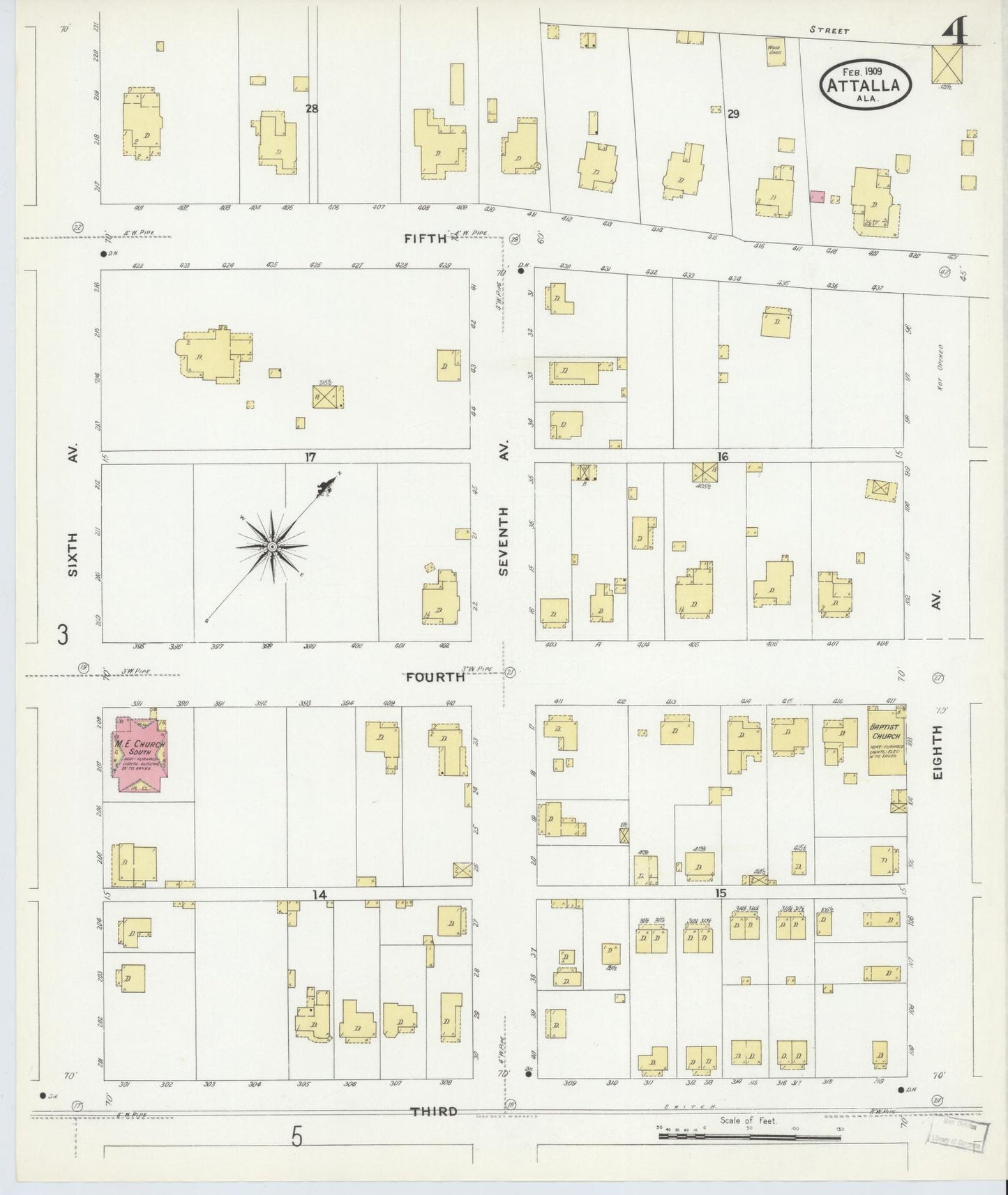 Sanborn Fire Insurance Map from Attalla, Etowah County, Alabama (1909), Sheet #0004 - Historic Sanborn Fire Insurance Map Print, vintage old map wall art, antique decor, genealogy gift, Alabama Alabama map