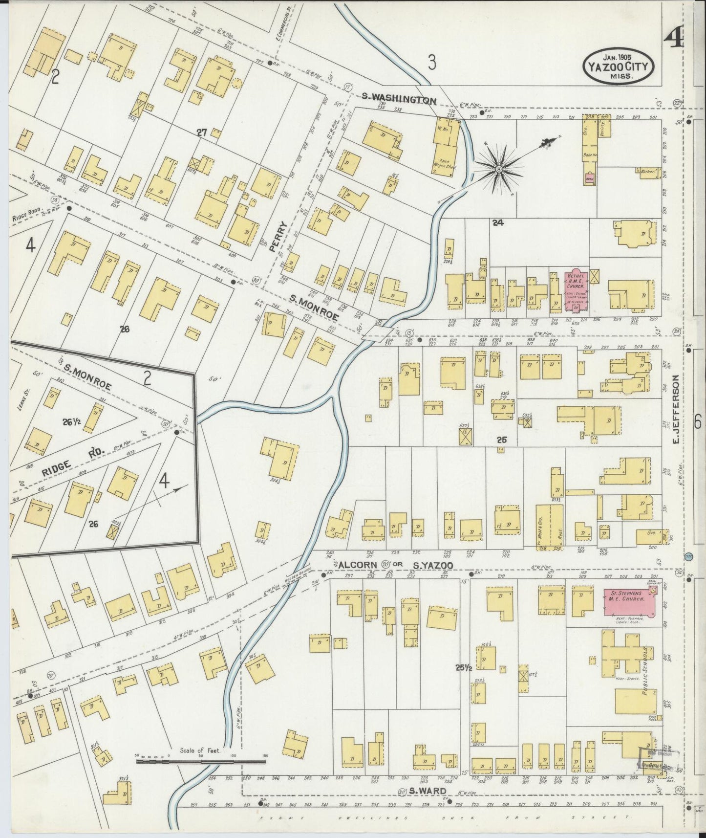 Sanborn Fire Insurance Map from Yazoo City, Yazoo County, Mississippi (1905), Sheet #0004 - Historic Sanborn Fire Insurance Map Print, vintage old map wall art, antique decor, genealogy gift, Mississippi Mississippi map