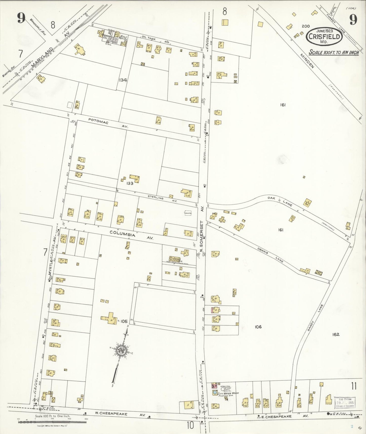 Somerset, Maryland - 1923 - Sanborn Fire Insurance Map, Sheet #0009 - Historic Sanborn Fire Insurance Map Print, Somerset Maryland 1923 0009 vintage old map wall art