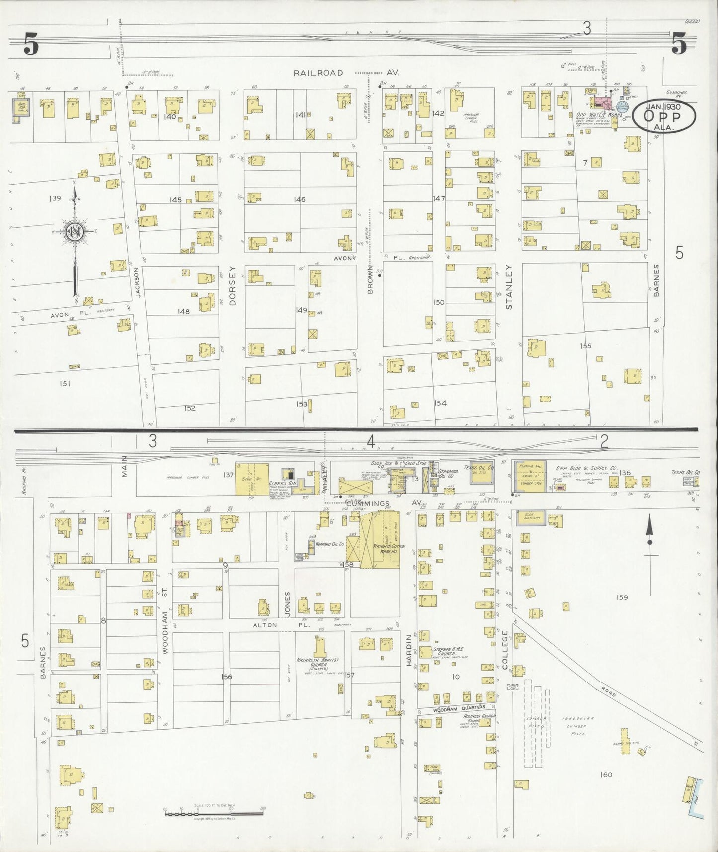 Sanborn Fire Insurance Map from Opp, Covington County, Alabama (1930), Sheet #0005 - Complete Map Set gallery image, historic Sanborn map, vintage wall art, Alabama Alabama
