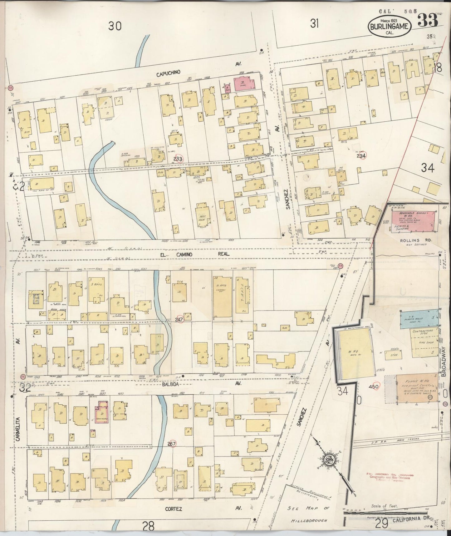 Sanborn Fire Insurance Map from Burlingame, San Mateo County, California (1949), Sheet #0033 - Historic Sanborn Fire Insurance Map Print, vintage old map wall art, antique decor, genealogy gift, California California map
