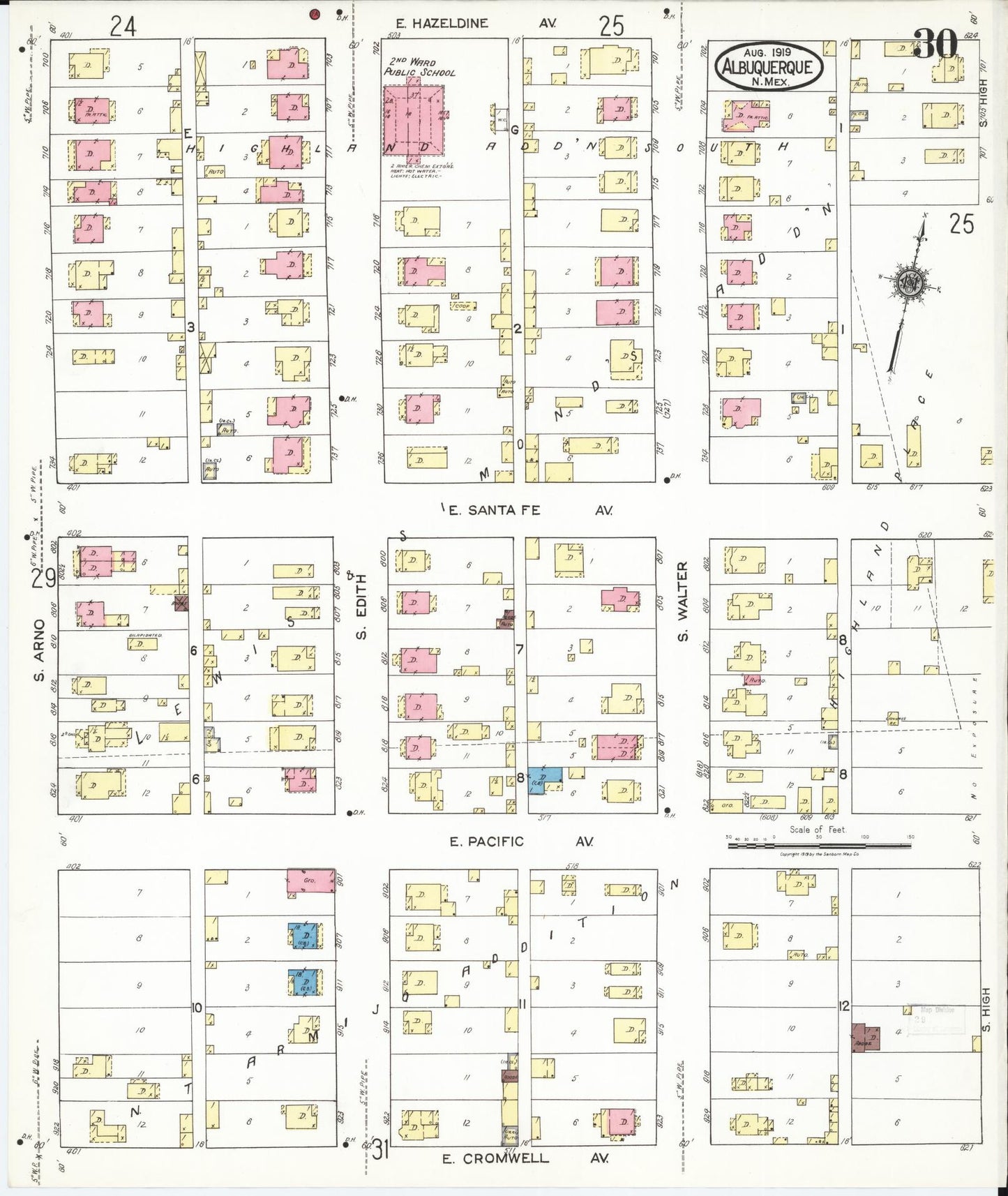Sanborn Fire Insurance Map from Albuquerque, Bernalillo County, New Mexico (1919), Sheet #0030 - Historic Sanborn Fire Insurance Map Print, vintage old map wall art, antique decor, genealogy gift, New Mexico New Mexico map
