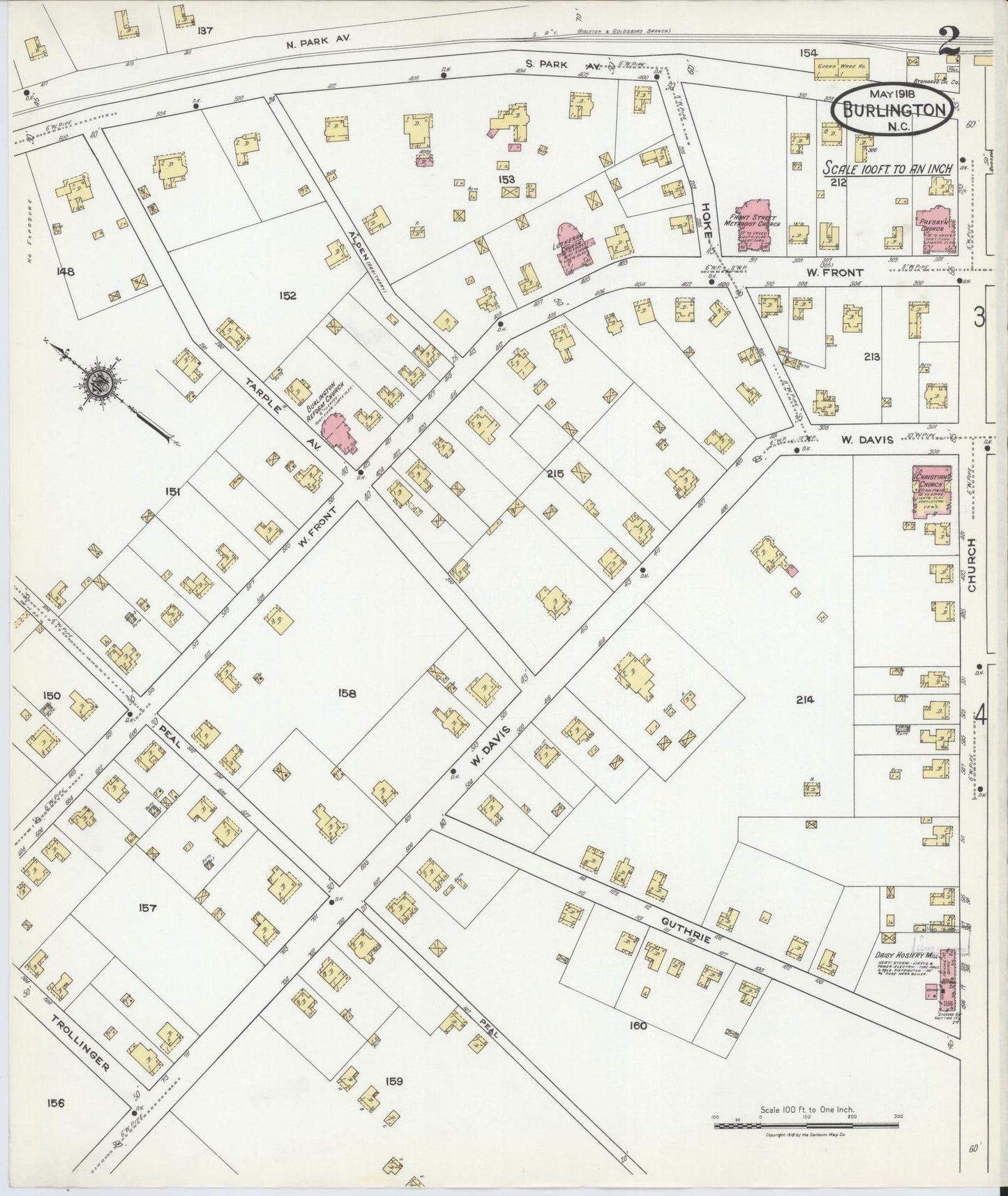 Sanborn Fire Insurance Map from Burlington, Alamance County, North Carolina (1918), Sheet #0002 - Historic Sanborn Fire Insurance Map Print, vintage old map wall art, antique decor, genealogy gift, North Carolina North Carolina map