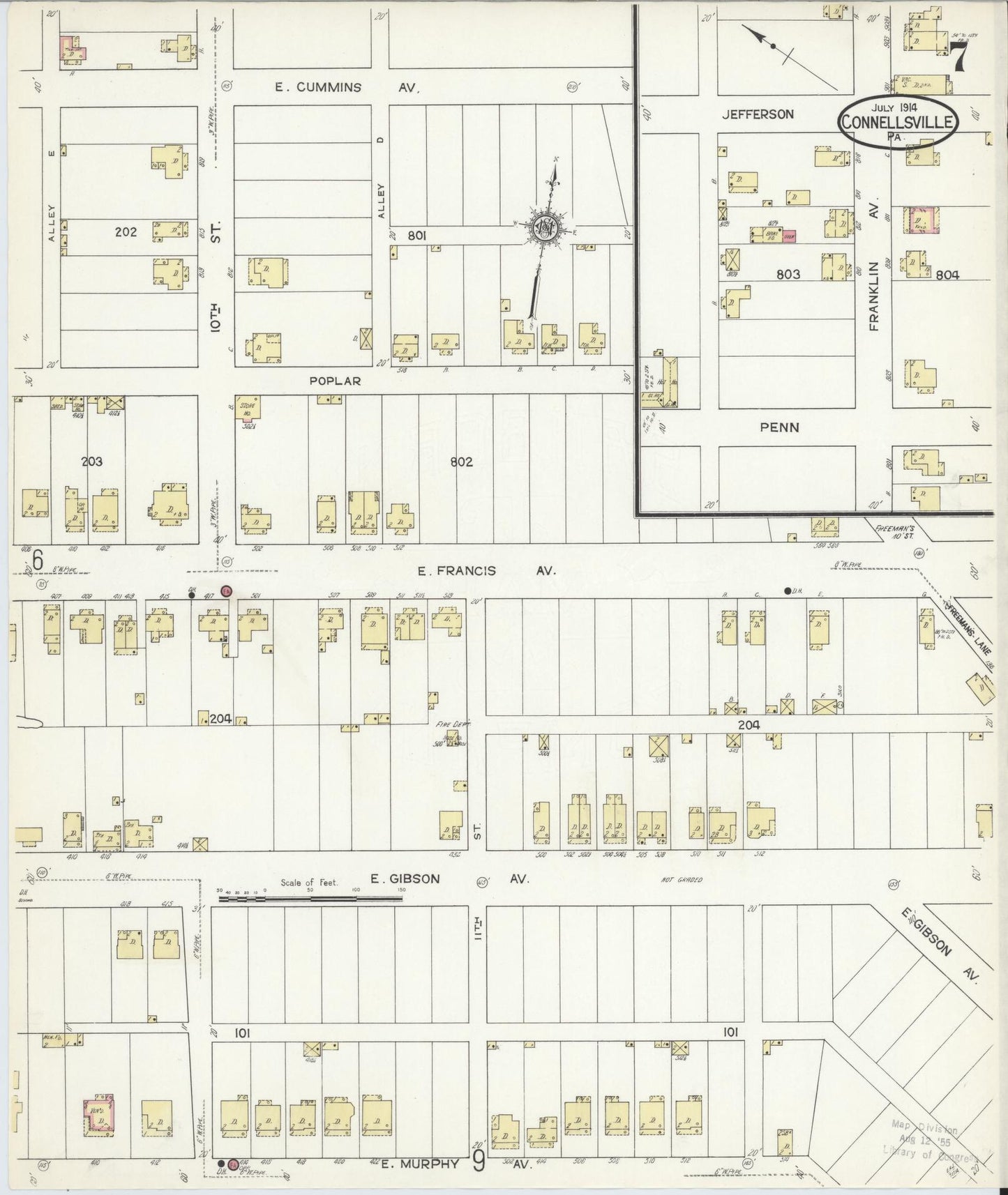 Sanborn Fire Insurance Map from Connellsville, Fayette County, Pennsylvania (1914), Sheet #0007 - Historic Sanborn Fire Insurance Map Print, vintage old map wall art, antique decor, genealogy gift, Pennsylvania Pennsylvania map