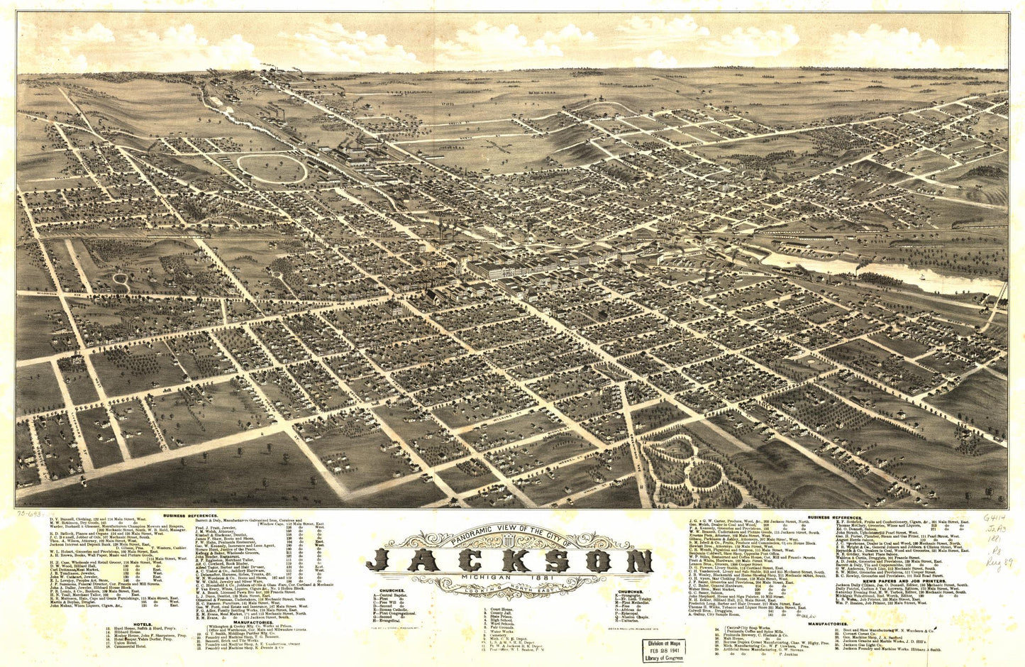 Panoramic view of the city of Jackson, Michigan 1881. (1881) – Historic Bird’s-Eye View Panorama Print
