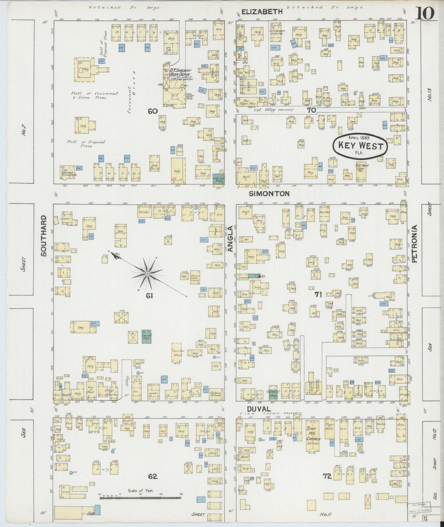 Sanborn Fire Insurance Map from Key West, Monroe County, Florida (1889), Sheet #0010 - Historic Sanborn Fire Insurance Map Print, vintage old map wall art, antique decor, genealogy gift, Florida Florida map