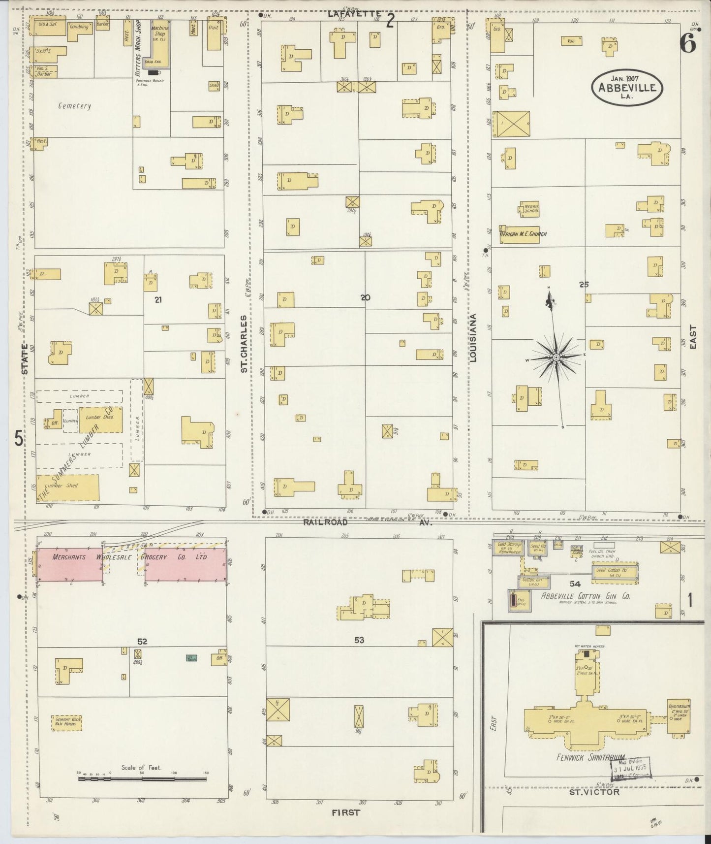 Sanborn Fire Insurance Map from Abbeville, Vermilion Parish, Louisiana (1907), Sheet #0006 - Complete Map Set gallery image, historic Sanborn map, vintage wall art, Louisiana Louisiana