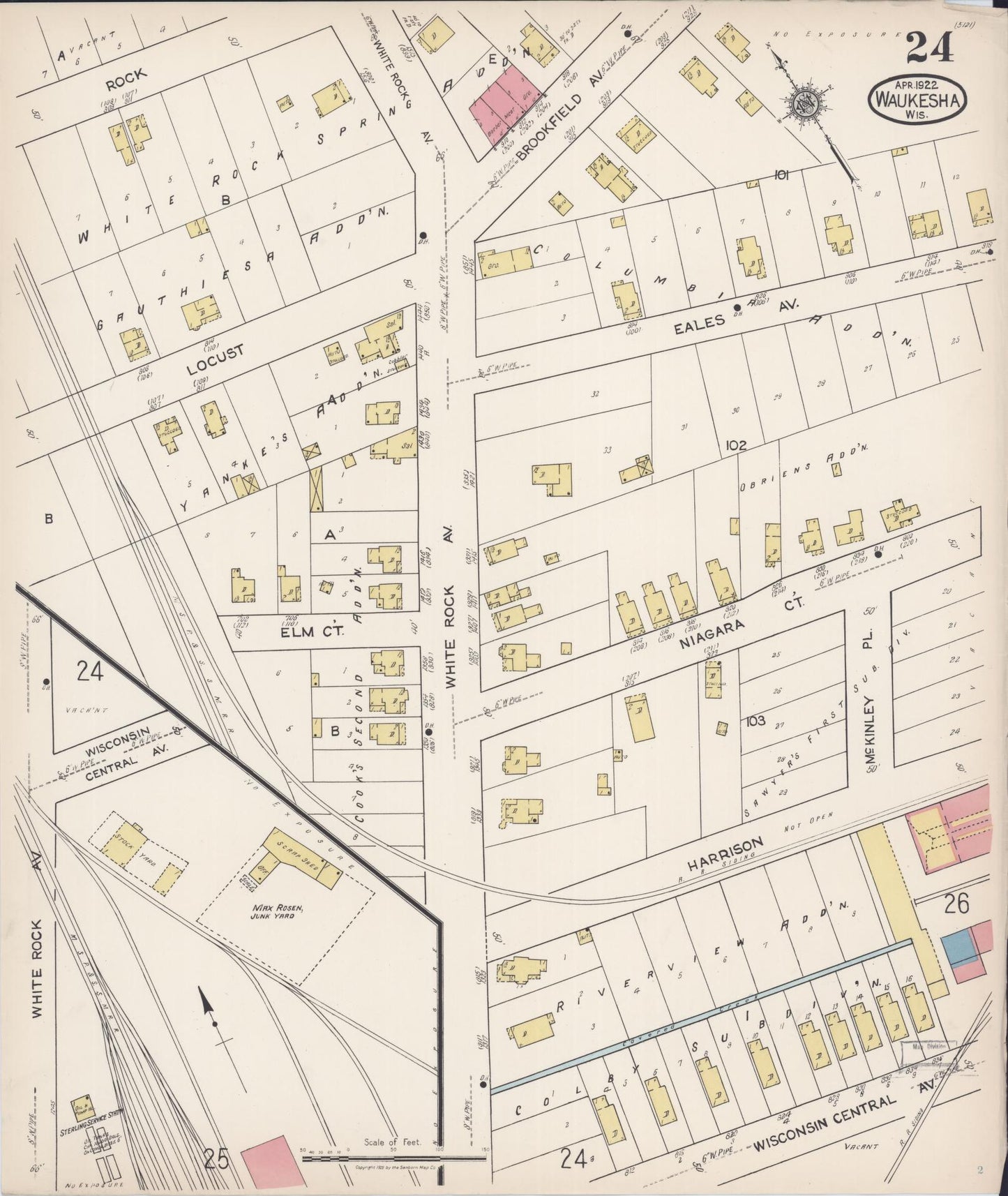 Sanborn Fire Insurance Map from Waukesha, Waukesha County, Wisconsin (1922), Sheet #0024 - Historic Sanborn Fire Insurance Map Print, vintage old map wall art, antique decor, genealogy gift, Wisconsin Wisconsin map